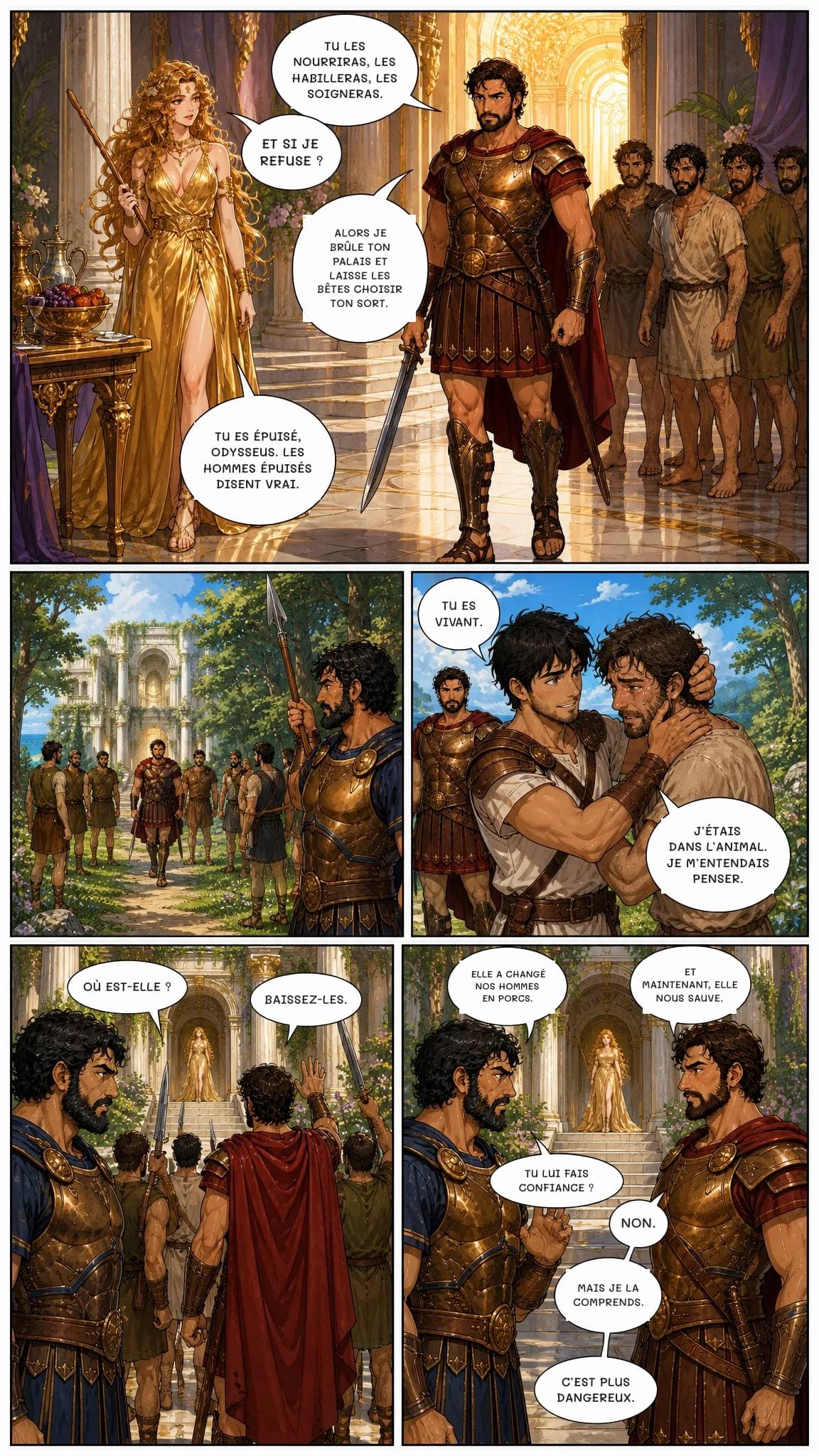 TU LES NOURRIRAS, LES HABILLERAS, LES SOIGNERAS.
ET SI JE REFUSE ?
ALORS JE BRÛLE TON PALAIS ET LAISSE LES BÊTES CHOISIR TON SORT.
TU ES ÉPUISÉ, ODYSSEUS. LES HOMMES ÉPUISÉS DISENT VRAI.
TU ES VIVANT.
J’ÉTAIS DANS L’ANIMAL. JE M’ENTENDAIS PENSER.
OÙ EST-ELLE ?
BAISSEZ-LES.
ELLE A CHANGÉ NOS HOMMES EN PORCS.
ET MAINTENANT, ELLE NOUS SAUVE.
TU LUI FAIS CONFIANCE ?
NON.
MAIS JE LA COMPRENDS.
C’EST PLUS DANGEREUX.