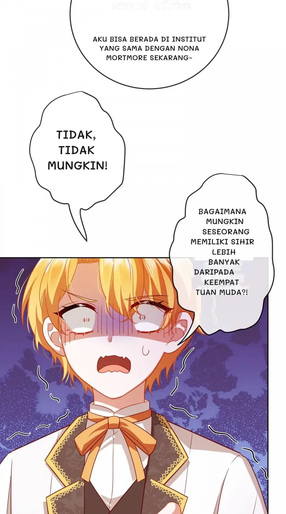 Aku bisa berada di institut yang sama dengan Nona Mortmore sekarang~
Tidak, tidak mungkin!
Bagaimana mungkin seseorang memiliki sihir lebih banyak daripada keempat tuan muda?!