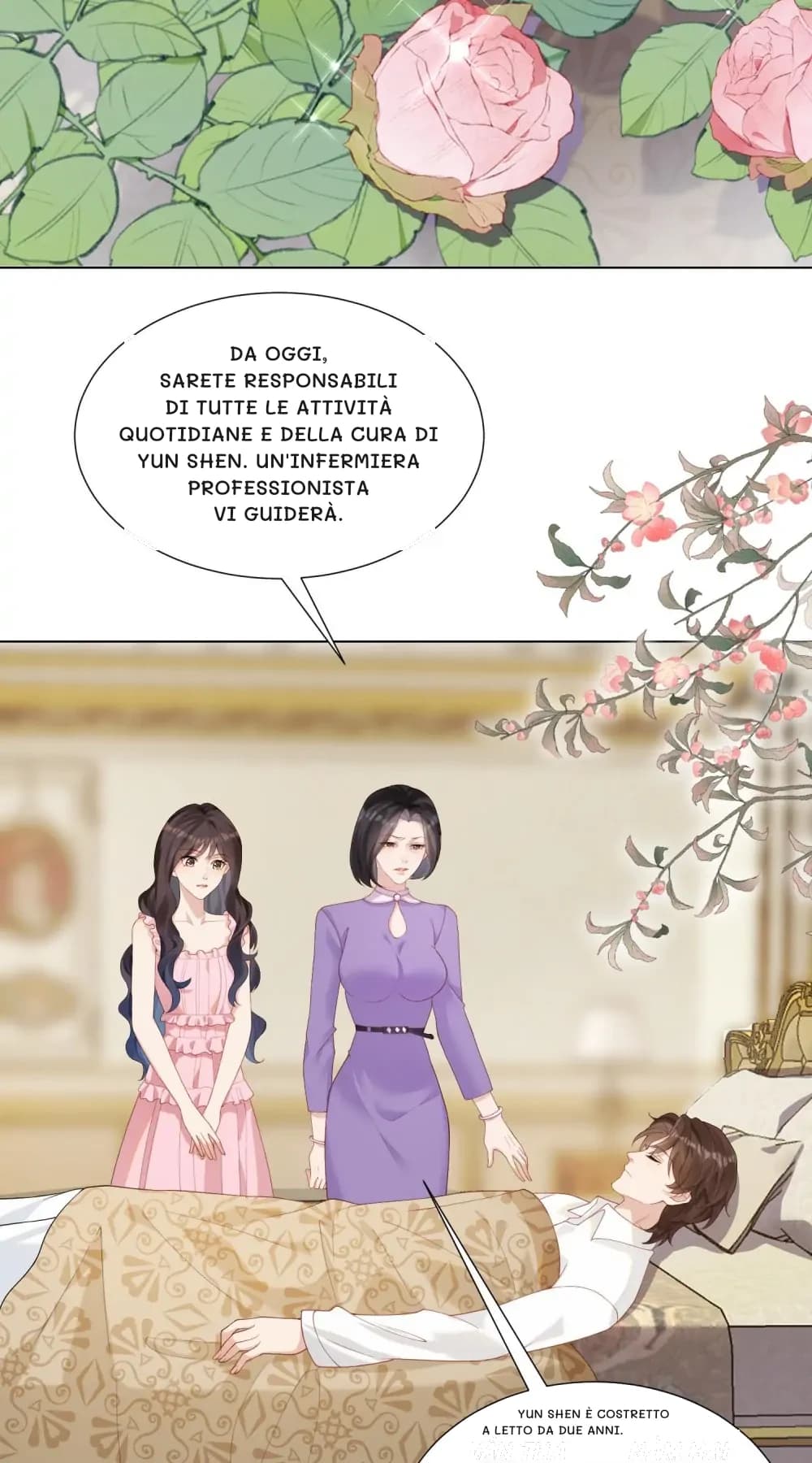 Da oggi, sarete responsabili di tutte le attività quotidiane e della cura di Yun Shen. Un'infermiera professionista vi guiderà.
Yun Shen è costretto a letto da due anni.