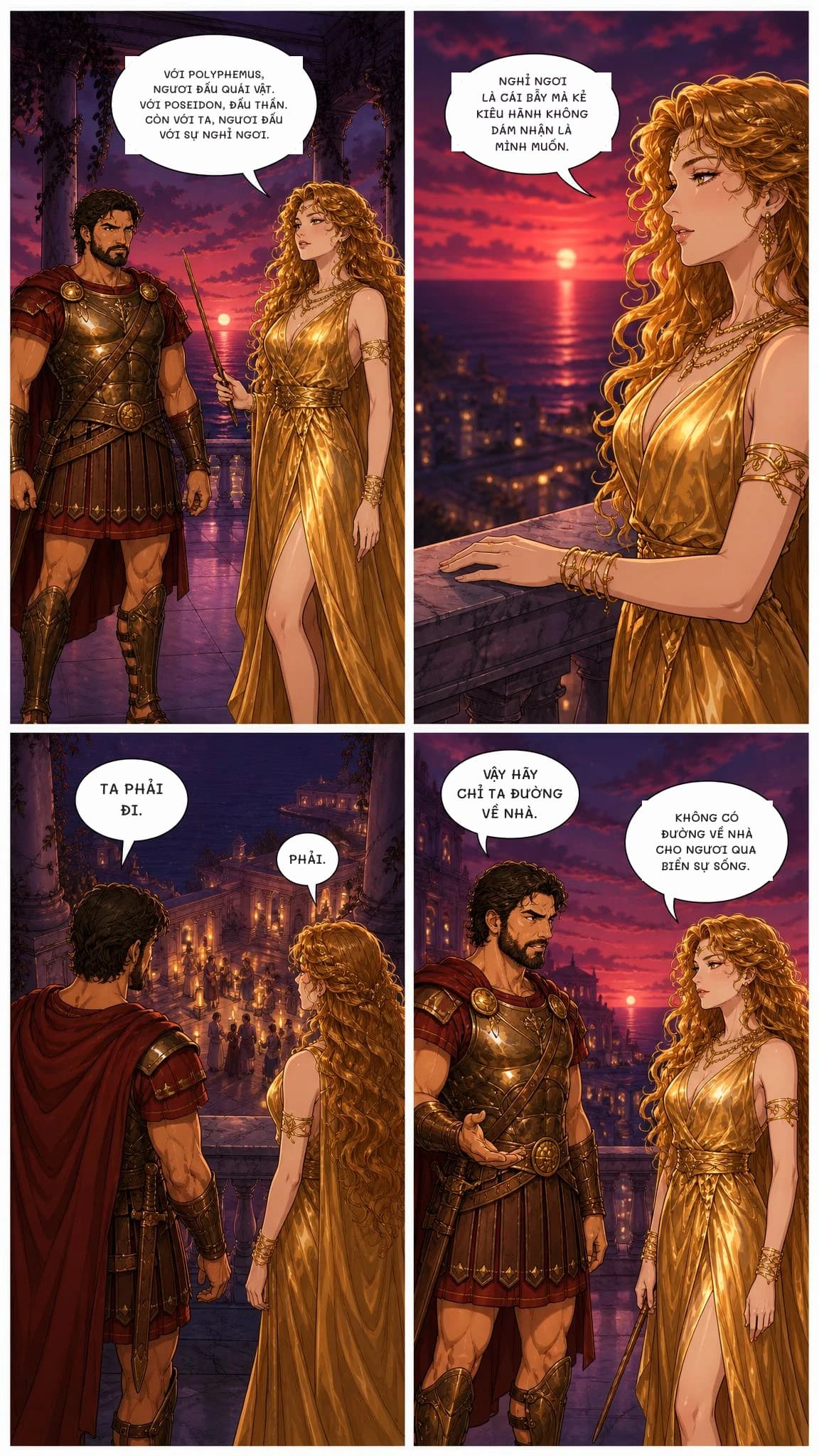 VỚI POLYPHEMUS, NGƯƠI ĐẤU QUÁI VẬT. VỚI POSEIDON, ĐẤU THẦN. CÒN VỚI TA, NGƯƠI ĐẤU VỚI SỰ NGHỈ NGƠI.
NGHỈ NGƠI LÀ CÁI BẪY MÀ KẺ KIÊU HÃNH KHÔNG DÁM NHẬN LÀ MÌNH MUỐN.
TA PHẢI ĐI.
PHẢI.
VẬY HÃY CHỈ TA ĐƯỜNG VỀ NHÀ.
KHÔNG CÓ ĐƯỜNG VỀ NHÀ CHO NGƯƠI QUA BIỂN SỰ SỐNG.