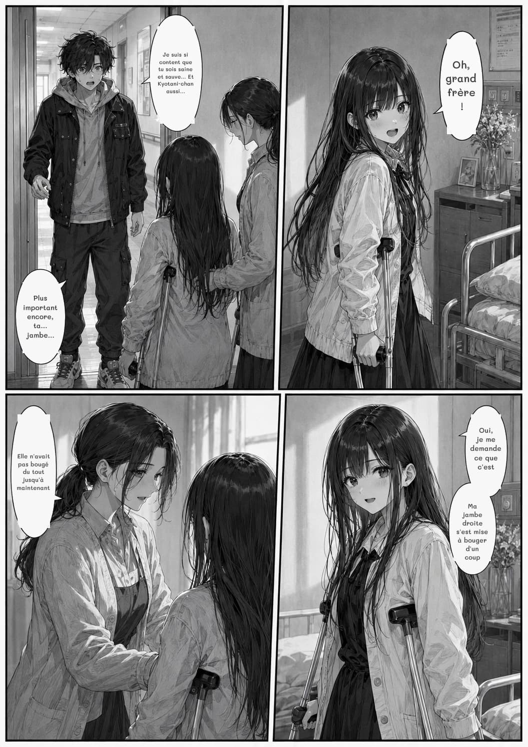Je suis si content que tu sois saine et sauve… Et Kyotani-chan aussi…
Plus important encore, ta… jambe…
Oh, grand frère !
Elle n'avait pas bougé du tout jusqu'à maintenant
Oui, je me demande ce que c'est
Ma jambe droite s'est mise à bouger d'un coup