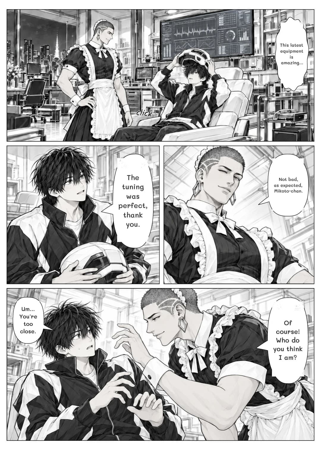 This latest equipment is amazing...
The tuning was perfect, thank you.
Not bad, as expected, Mikoto-chan.
Of course! Who do you think I am?
Um... You're too close.
