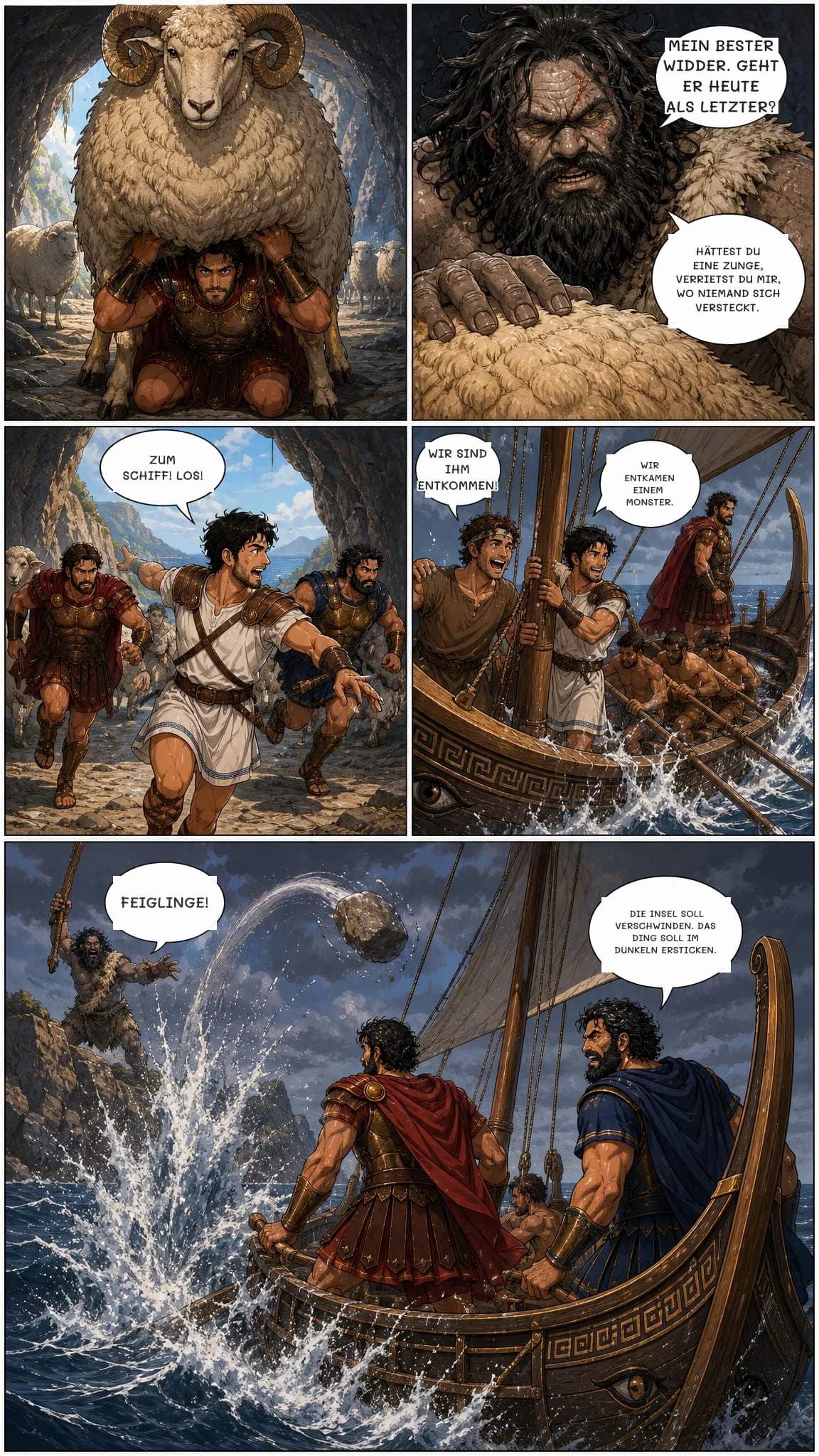 MEIN BESTER WIDDER. GEHT ER HEUTE ALS LETZTER?
Hättest du eine Zunge, verrietst du mir, wo niemand sich versteckt.
ZUM SCHIFF! LOS!
WIR SIND IHM ENTKOMMEN!
WIR ENTKAMEN EINEM MONSTER.
FEIGLINGE!
Die Insel soll verschwinden. Das Ding soll im Dunkeln ersticken.