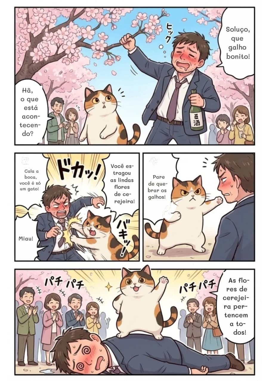 Soluço, que galho bonito!
Hã, o que está acontecendo?
Você estragou as lindas flores de cerejeira!
Cala a boca, você é só um gato!
Miau!
Pare de quebrar os galhos!
As flores de cerejeira pertencem a todos!