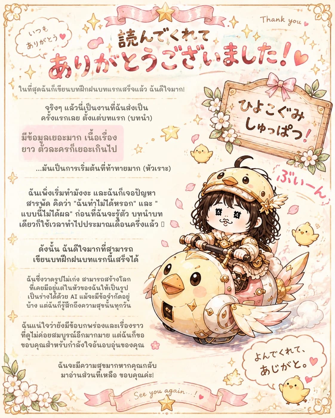 ในที่สุดฉันก็เขียนบทฝึกฝนบทแรกเสร็จแล้ว ฉันดีใจมาก!
จริงๆ แล้วนี่เป็นงานที่ฉันส่งเป็นครั้งแรกเลย ตั้งแต่บทแรก (บทนำ)
มีข้อมูลเยอะมาก เนื้อเรื่องยาว ตัวละครก็เยอะเกินไป
...มันเป็นการเริ่มต้นที่ท้าทายมาก (หัวเราะ)
ฉันเพิ่งเริ่มทำมังงะ และฉันก็เจอปัญหาสารพัด คิดว่า "ฉันทำไม่ได้หรอก" และ "แบบนี้ไม่ได้ผล" ก่อนที่ฉันจะรู้ตัว บทนำบทเดียวก็ใช้เวลาทำไปประมาณเดือนครึ่งแล้ว 💦
ดังนั้น ฉันดีใจมากที่สามารถเขียนบทฝึกฝนบทแรกนี้เสร็จได้
ฉันซึ่งวาดรูปไม่เก่ง สามารถสร้างโลกที่เคยมีอยู่แต่ในหัวของฉันให้เป็นรูปเป็นร่างได้ด้วย AI แม้จะมีข้อจำกัดอยู่บ้าง แต่ฉันก็รู้สึกถึงความสุขนั้นทุกวัน
ฉันแน่ใจว่ายังมีข้อบกพร่องและเรื่องราวที่ดูไม่ค่อยสมบูรณ์อีกมากมาย แต่ฉันก็ขอขอบคุณสำหรับกำลังใจอันอบอุ่นของคุณ
ฉันจะมีความสุขมากหากคุณกลับมาอ่านส่วนที่เหลือ ขอบคุณค่ะ!