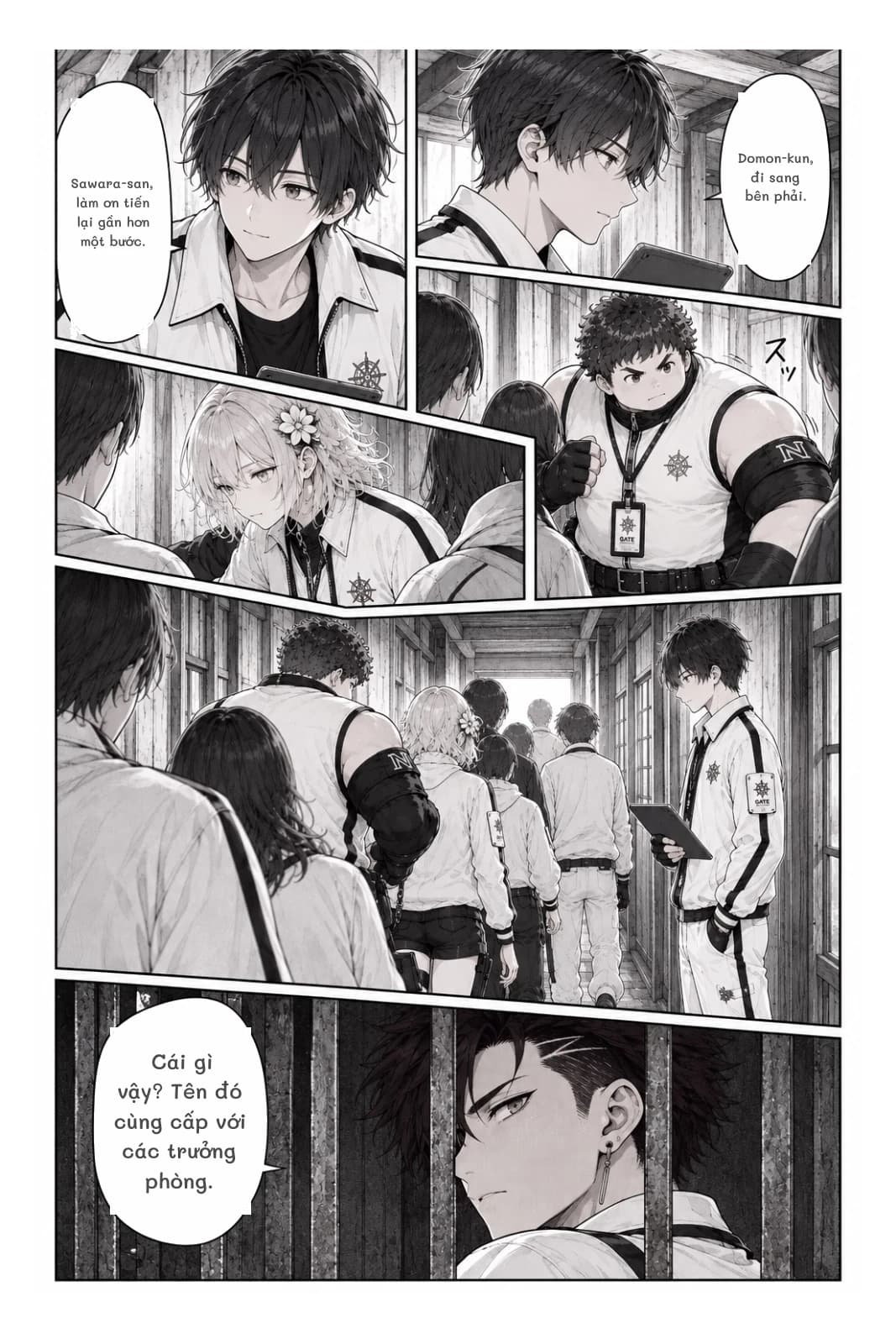 Domon-kun, đi sang bên phải.
Sawara-san, làm ơn tiến lại gần hơn một bước.
Cái gì vậy? Tên đó cùng cấp với các trưởng phòng.