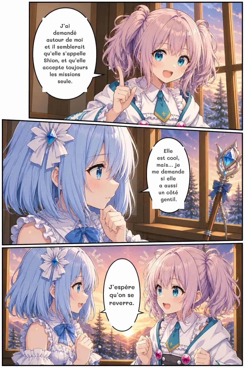 J’ai demandé autour de moi et il semblerait qu’elle s’appelle Shion, et qu’elle accepte toujours les missions seule.
Elle est cool, mais… je me demande si elle a aussi un côté gentil.
J’espère qu’on se reverra.
