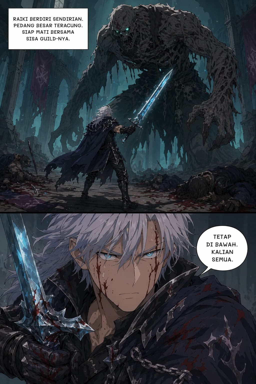 RAIKI BERDIRI SENDIRIAN. PEDANG BESAR TERACUNG. SIAP MATI BERSAMA SISA GUILD-NYA.
TETAP DI BAWAH. KALIAN SEMUA.