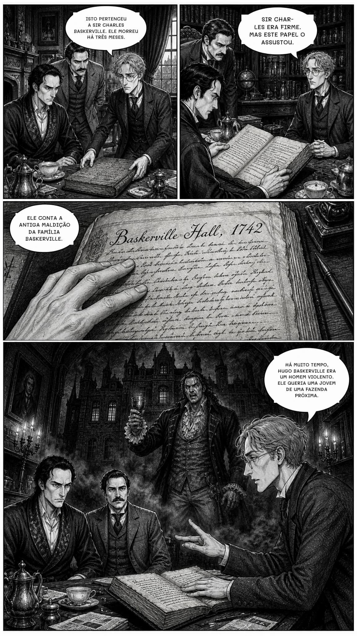 ISTO PERTENCEU A SIR CHARLES BASKERVILLE. ELE MORREU HÁ TRÊS MESES.
SIR CHARLES ERA FIRME. MAS ESTE PAPEL O ASSUSTOU.
ELE CONTA A ANTIGA MALDIÇÃO DA FAMÍLIA BASKERVILLE.
HÁ MUITO TEMPO, HUGO BASKERVILLE ERA UM HOMEM VIOLENTO. ELE QUERIA UMA JOVEM DE UMA FAZENDA PRÓXIMA.