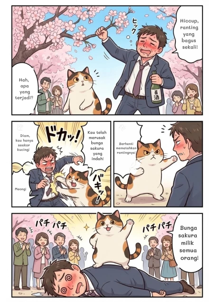 Hiccup, ranting yang bagus sekali!
Hah, apa yang terjadi?
Kau telah merusak bunga sakura yang indah!
Diam, kau hanya seekor kucing!
Meong!
Berhenti mematahkan rantingnya!
Bunga sakura milik semua orang!