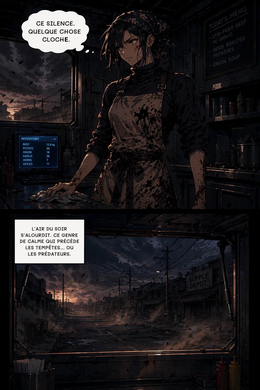 CE SILENCE. QUELQUE CHOSE CLOCHЕ.
L’AIR DU SOIR S’ALOURDIT. CE GENRE DE CALME QUI PRÉCÈDE LES TEMPÊTES… OU LES PRÉDATEURS.