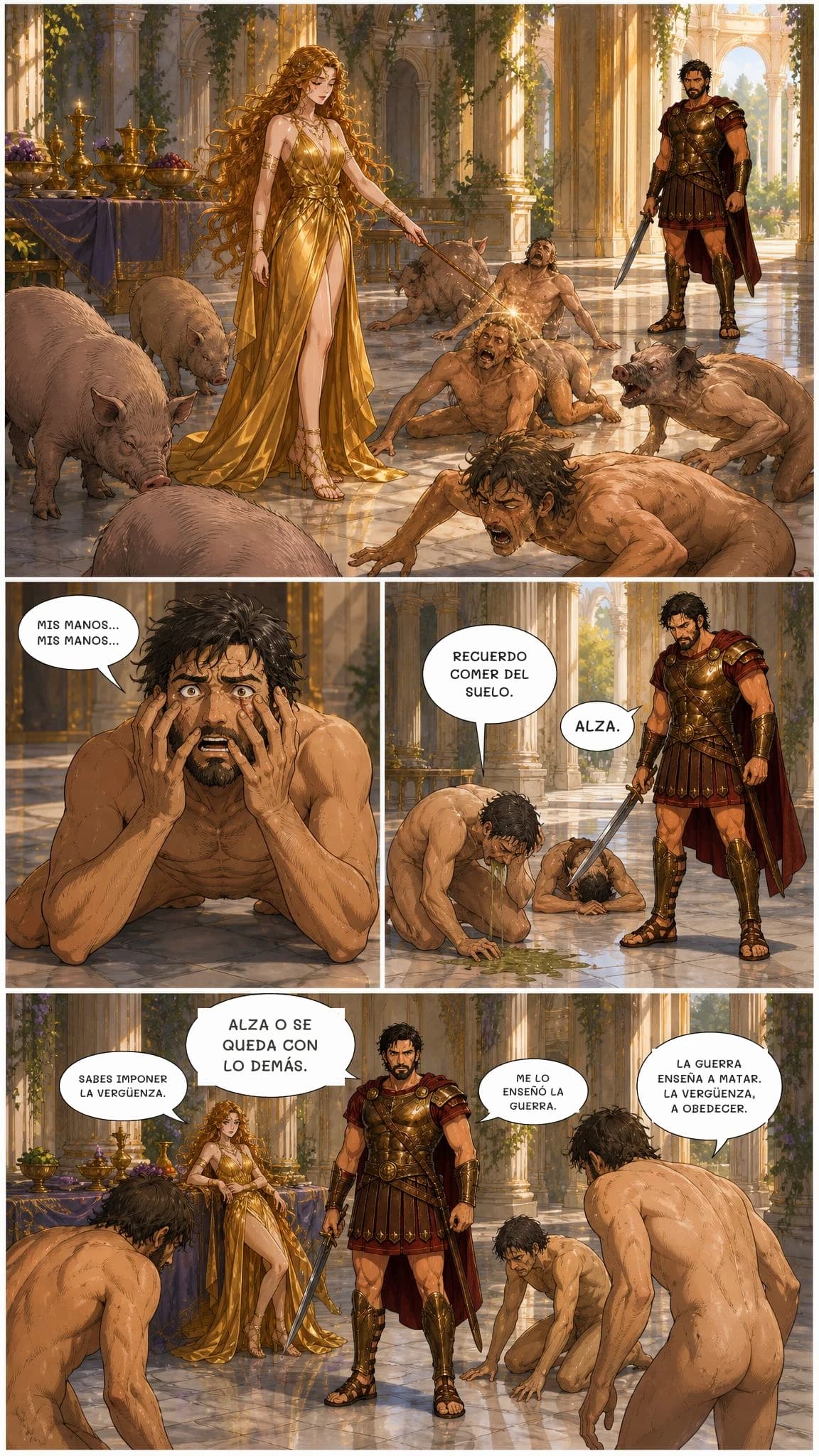 MIS MANOS... MIS MANOS...
RECUERDO COMER DEL SUELO.
ALZA.
ALZA O SE QUEDA CON LO DEMÁS.
SABES IMPONER LA VERGÜENZA.
ME LO ENSEÑÓ LA GUERRA.
LA GUERRA ENSEÑA A MATAR. LA VERGÜENZA, A OBEDECER.