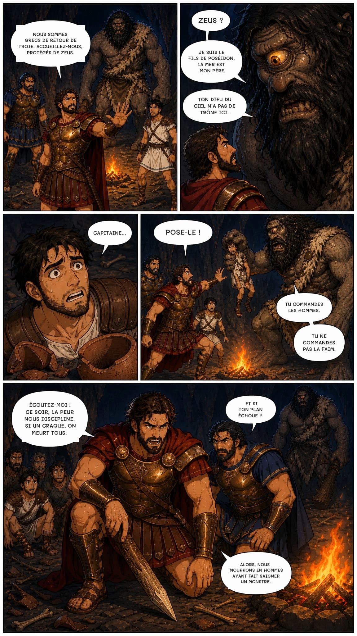 Nous sommes Grecs de retour de Troie. Accueillez-nous, protégés de Zeus.
ZEUS ?
JE SUIS LE FILS DE POSÉIDON. LA MER EST MON PÈRE.
TON DIEU DU CIEL N’A PAS DE TRÔNE ICI.
CAPITAINE...
POSE-LE !
TU COMMANDES LES HOMMES.
TU NE COMMANDES PAS LA FAIM.
ÉCOUTEZ-MOI ! CE SOIR, LA PEUR NOUS DISCIPLINE. SI UN CRAQUE, ON MEURT TOUS.
ET SI TON PLAN ÉCHOUE ?
Alors, nous mourrons en hommes ayant fait saigner un monstre.