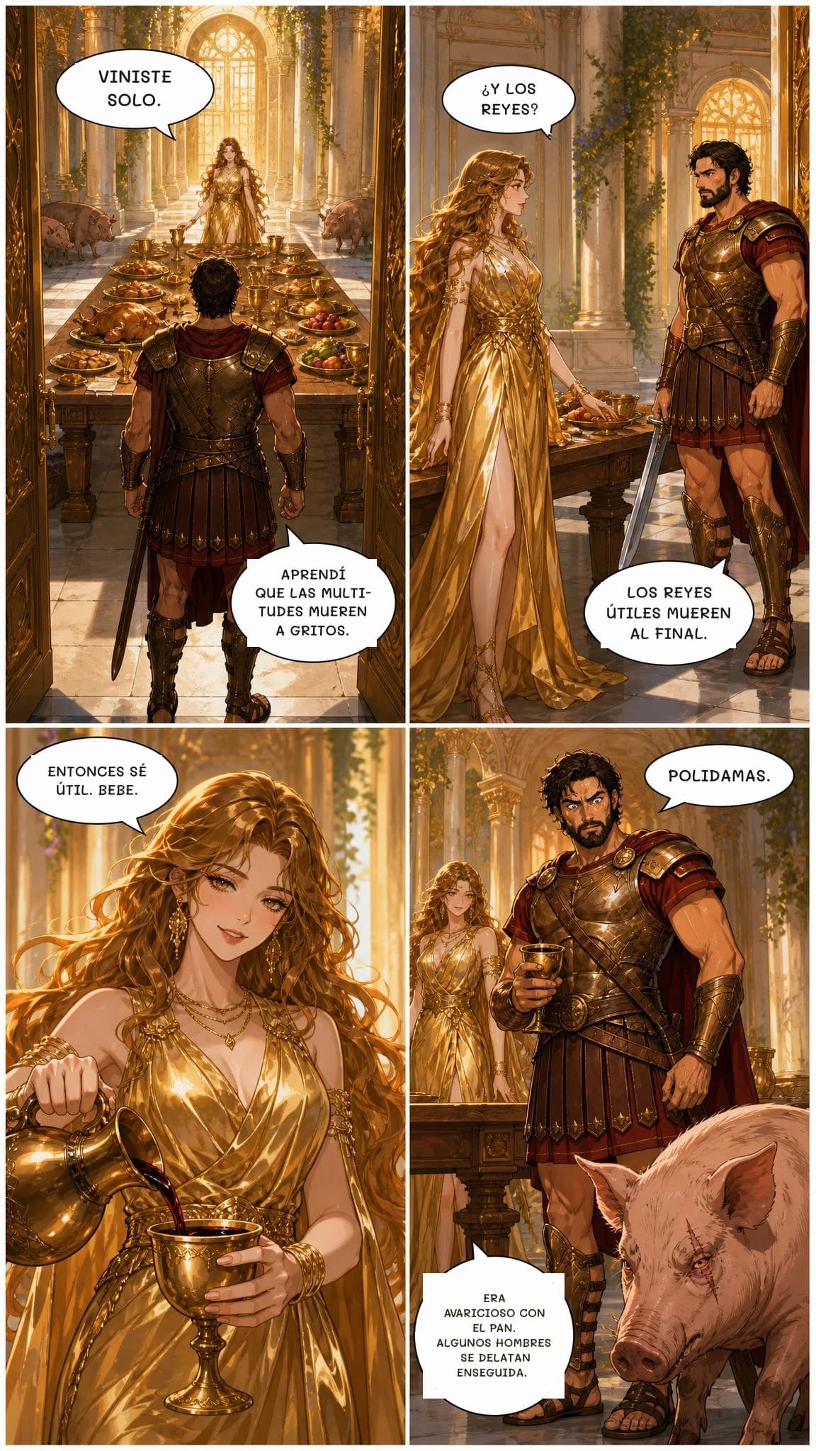 VINISTE SOLO.
¿Y LOS REYES?
APRENDÍ QUE LAS MULTITUDES MUEREN A GRITOS.
LOS REYES ÚTILES MUEREN AL FINAL.
ENTONCES SÉ ÚTIL. BEBE.
POLIDAMAS.
ERA AVARICIOSO CON EL PAN. ALGUNOS HOMBRES SE DELATAN ENSEGUIDA.