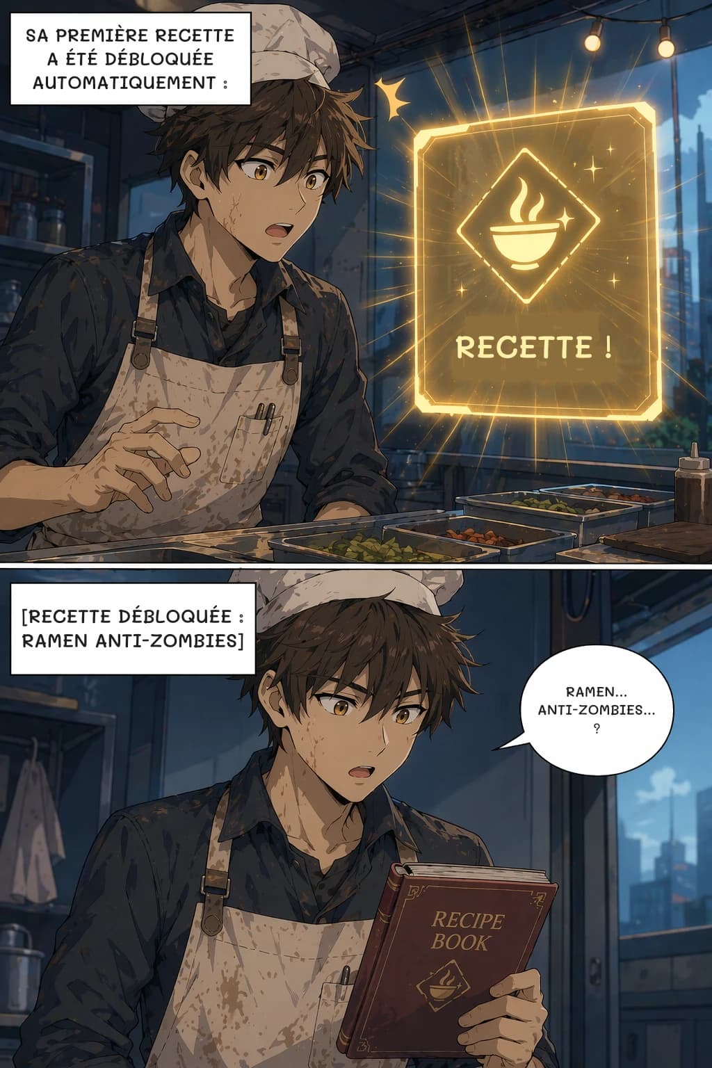 SA PREMIÈRE RECETTE A ÉTÉ DÉBLOQUÉE AUTOMATIQUEMENT :
RECETTE !
[RECETTE DÉBLOQUÉE : RAMEN ANTI-ZOMBIES]
RAMEN... ANTI-ZOMBIES... ?