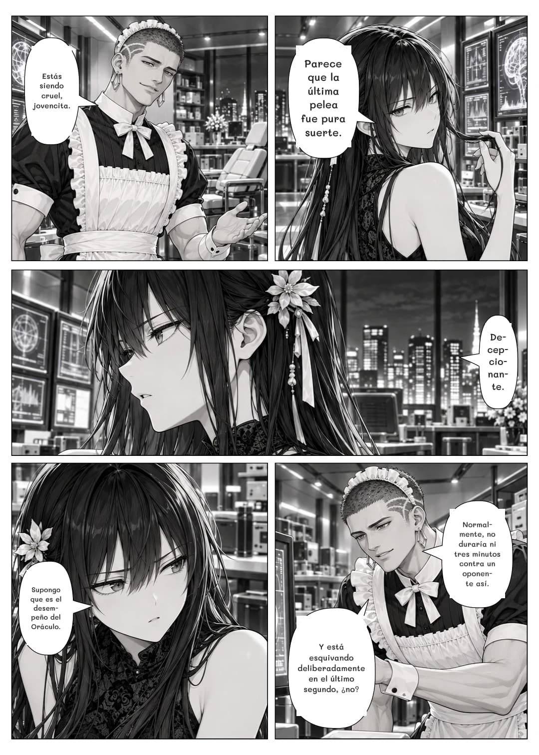 Estás siendo cruel, jovencita.
Parece que la última pelea fue pura suerte.
Decepcionante.
Supongo que es el desempeño del Oráculo.
Normalmente, no duraría ni tres minutos contra un oponente así.
Y está esquivando deliberadamente en el último segundo, ¿no?