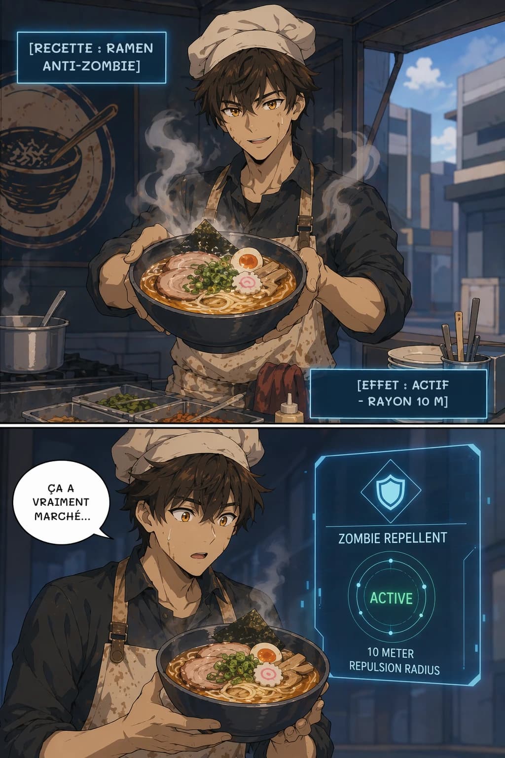 [RECETTE : RAMEN ANTI-ZOMBIE]
[EFFET : ACTIF - RAYON 10 M]
ÇA A VRAIMENT MARCHÉ...