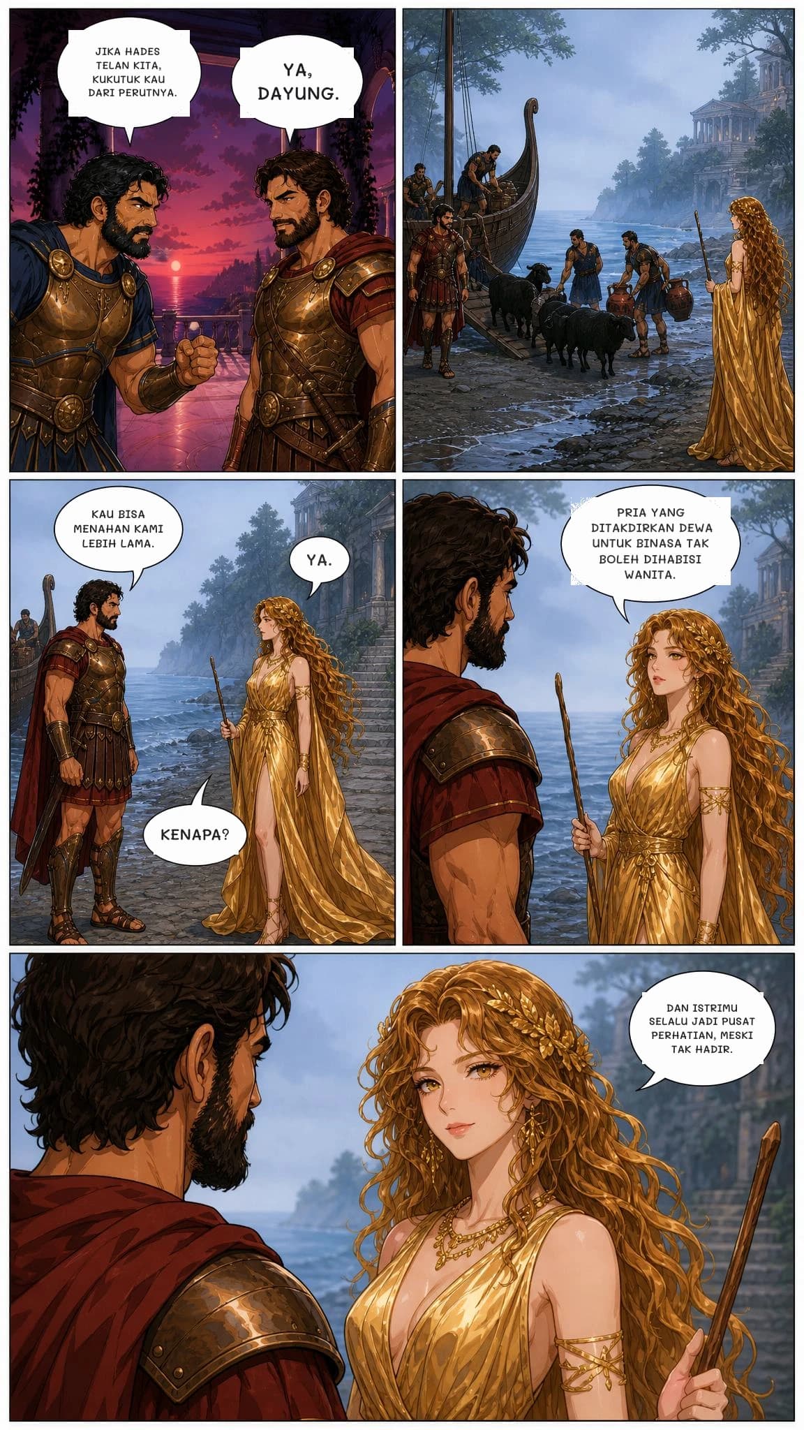JIKA HADES TELAN KITA, KUKUTUK KAU DARI PERUTNYA.
YA, DAYUNG.
KAU BISA MENAHAN KAMI LEBIH LAMA.
YA.
KENAPA?
PRIA YANG DITAKDIRKAN DEWA UNTUK BINASA TAK BOLEH DIHABISI WANITA.
DAN ISTRIMU SELALU JADI PUSAT PERHATIAN, MESKI TAK HADIR.