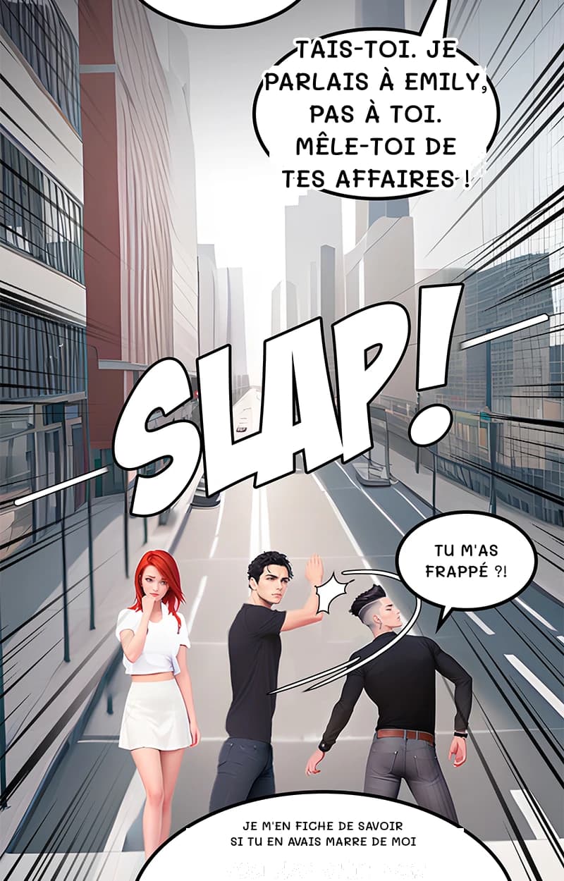 Tais-toi. Je parlais à Emily, pas à toi. Mêle-toi de tes affaires !
Tu m'as frappé ?!
Je m'en fiche de savoir si tu en avais marre de moi