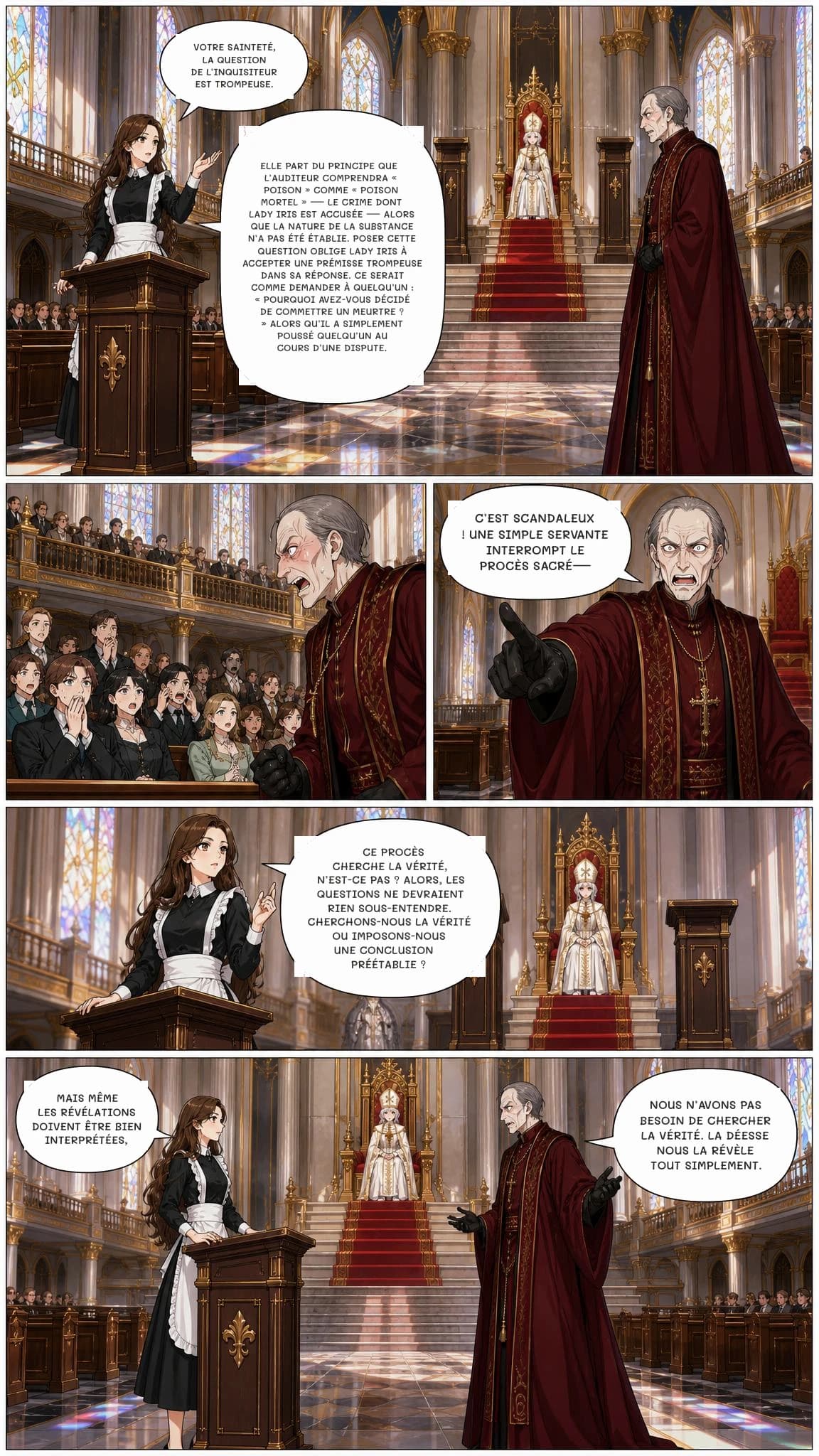 VOTRE SAINTETÉ, LA QUESTION DE L’INQUISITEUR EST TROMPEUSE.
ELLE PART DU PRINCIPE QUE L’AUDITEUR COMPRENDRA « POISON » COMME « POISON MORTEL » — LE CRIME DONT LADY IRIS EST ACCUSÉE — ALORS QUE LA NATURE DE LA SUBSTANCE N’A PAS ÉTÉ ÉTABLIE. POSER CETTE QUESTION OBLIGE LADY IRIS À ACCEPTER UNE PRÉMISSE TROMPEUSE DANS SA RÉPONSE. CE SERAIT COMME DEMANDER À QUELQU’UN : « POURQUOI AVEZ-VOUS DÉCIDÉ DE COMMETTRE UN MEURTRE ? » ALORS QU’IL A SIMPLEMENT POUSSÉ QUELQU’UN AU COURS D’UNE DISPUTE.
C’EST SCANDALEUX ! UNE SIMPLE SERVANTE INTERROMPT LE PROCÈS SACRÉ—
CE PROCÈS CHERCHE LA VÉRITÉ, N’EST-CE PAS ? ALORS, LES QUESTIONS NE DEVRAIENT RIEN SOUS-ENTENDRE. CHERCHONS-NOUS LA VÉRITÉ OU IMPOSONS-NOUS UNE CONCLUSION PRÉÉTABLIE ?
MAIS MÊME LES RÉVÉLATIONS DOIVENT ÊTRE BIEN INTERPRÉTÉES,
NOUS N’AVONS PAS BESOIN DE CHERCHER LA VÉRITÉ. LA DÉESSE NOUS LA RÉVÈLE TOUT SIMPLEMENT.