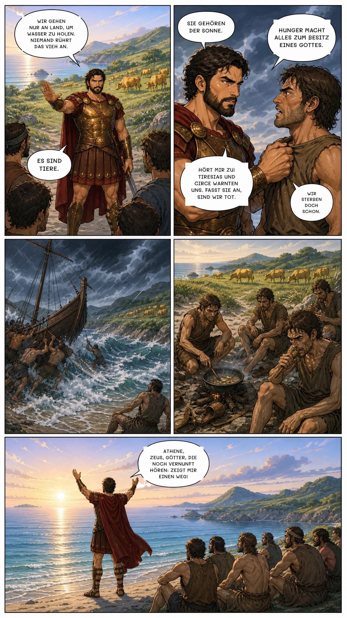 WIR GEHEN NUR AN LAND, UM WASSER ZU HOLEN. NIEMAND RÜHRT DAS VIEH AN.
ES SIND TIERE.
SIE GEHÖREN DER SONNE.
HUNGER MACHT ALLES ZUM BESITZ EINES GOTTES.
HÖRT MIR ZU! TIRESIAS UND CIRCE WARNTEN UNS. FASST SIE AN, SIND WIR TOT.
WIR STERBEN DOCH SCHON.
ATHENE, ZEUS, GÖTTER, DIE NOCH VERNUNFT HÖREN: ZEIGT MIR EINEN WEG!