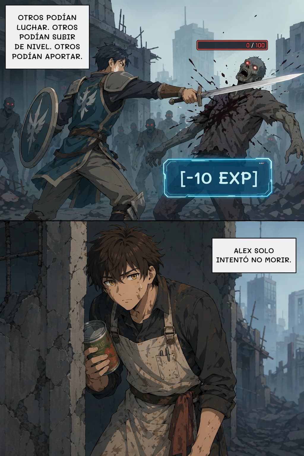 OTROS PODÍAN LUCHAR. OTROS PODÍAN SUBIR DE NIVEL. OTROS PODÍAN APORTAR.
[-10 EXP]
ALEX SOLO INTENTÓ NO MORIR.