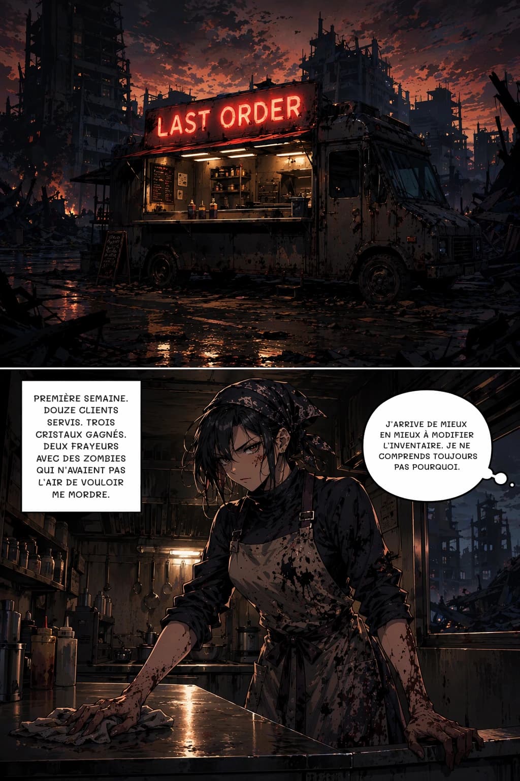 PREMIÈRE SEMAINE. DOUZE CLIENTS SERVIS. TROIS CRISTAUX GAGNÉS. DEUX FRAYEURS AVEC DES ZOMBIES QUI N’AVAIENT PAS L’AIR DE VOULOIR ME MORDRE.
J’ARRIVE DE MIEUX EN MIEUX À MODIFIER L’INVENTAIRE. JE NE COMPRENDS TOUJOURS PAS POURQUOI.