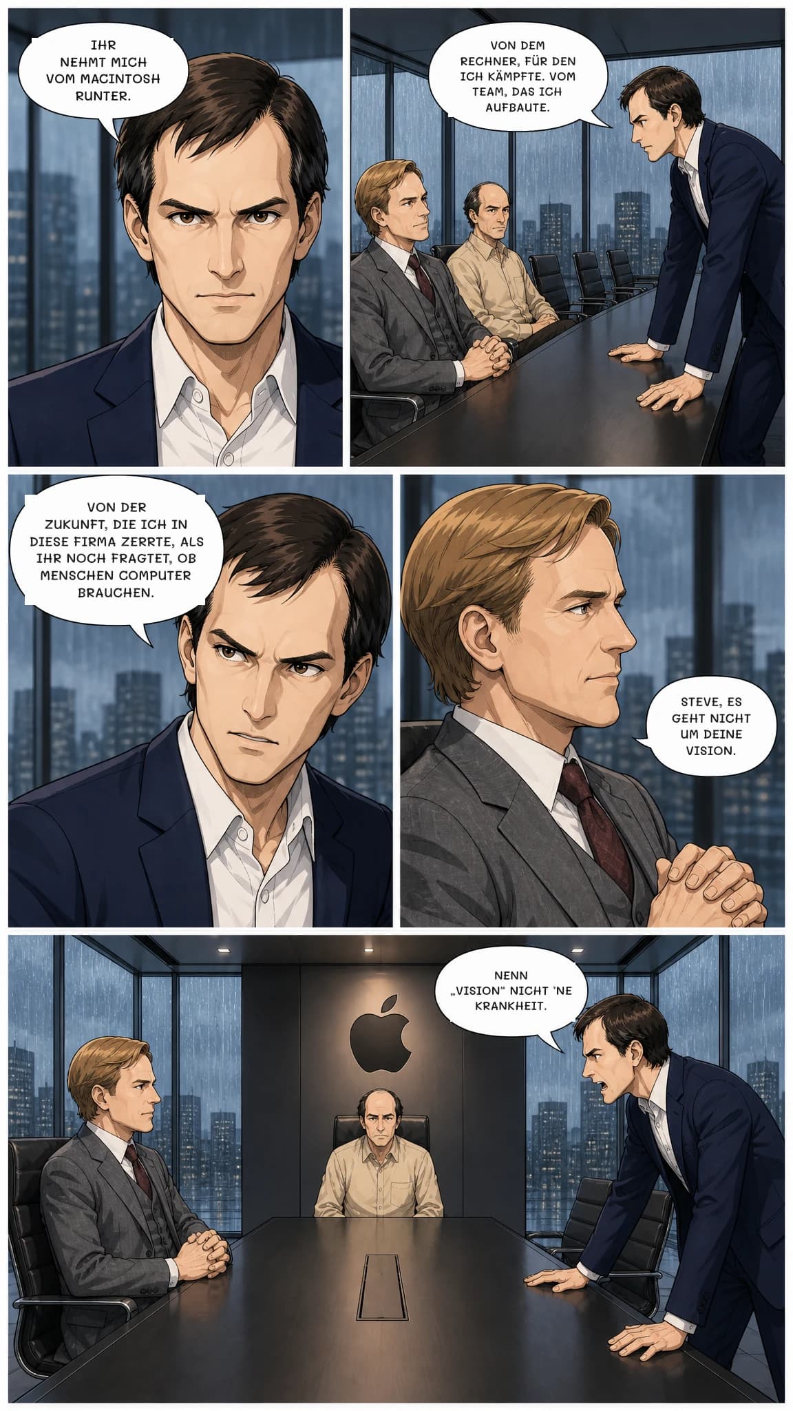 IHR NEHMT MICH VOM MACINTOSH RUNTER.
VON DEM RECHNER, FÜR DEN ICH KÄMPFTE. VOM TEAM, DAS ICH AUFBAUTE.
VON DER ZUKUNFT, DIE ICH IN DIESE FIRMA ZERRTE, ALS IHR NOCH FRAGTET, OB MENSCHEN COMPUTER BRAUCHEN.
STEVE, ES GEHT NICHT UM DEINE VISION.
NENN „VISION“ NICHT ’NE KRANKHEIT.