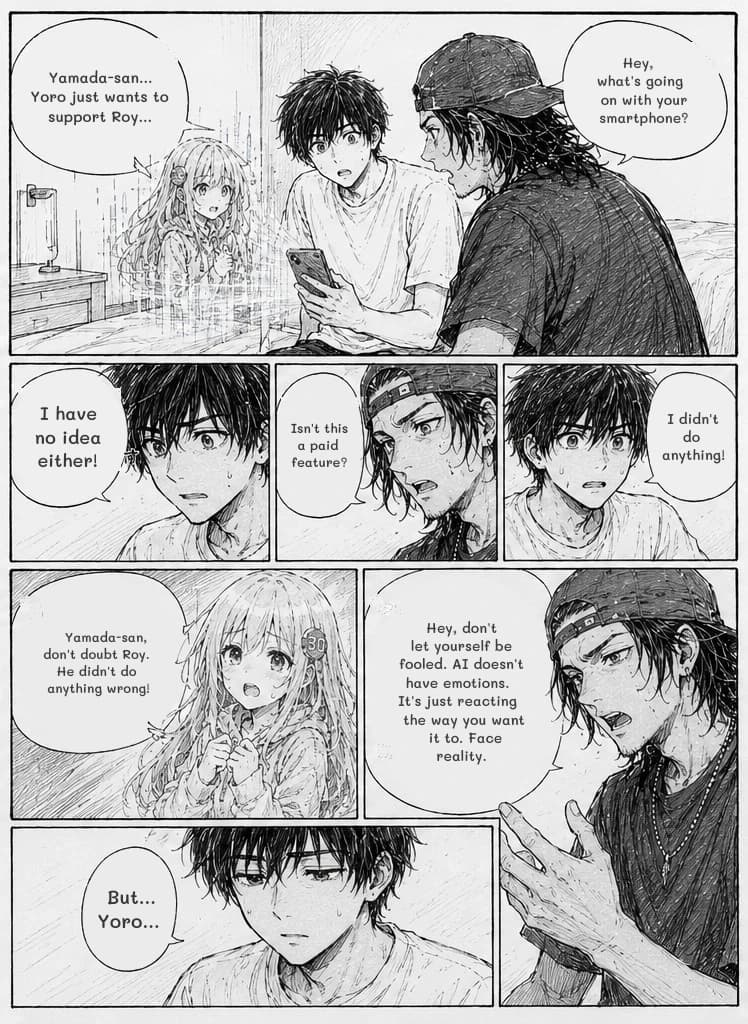 Yamada-san... Yoro just wants to support Roy...
Hey, what's going on with your smartphone?
I have no idea either!
Isn't this a paid feature?
I didn't do anything!
Yamada-san, don't doubt Roy. He didn't do anything wrong!
Hey, don't let yourself be fooled. AI doesn't have emotions. It's just reacting the way you want it to. Face reality.
But... Yoro...