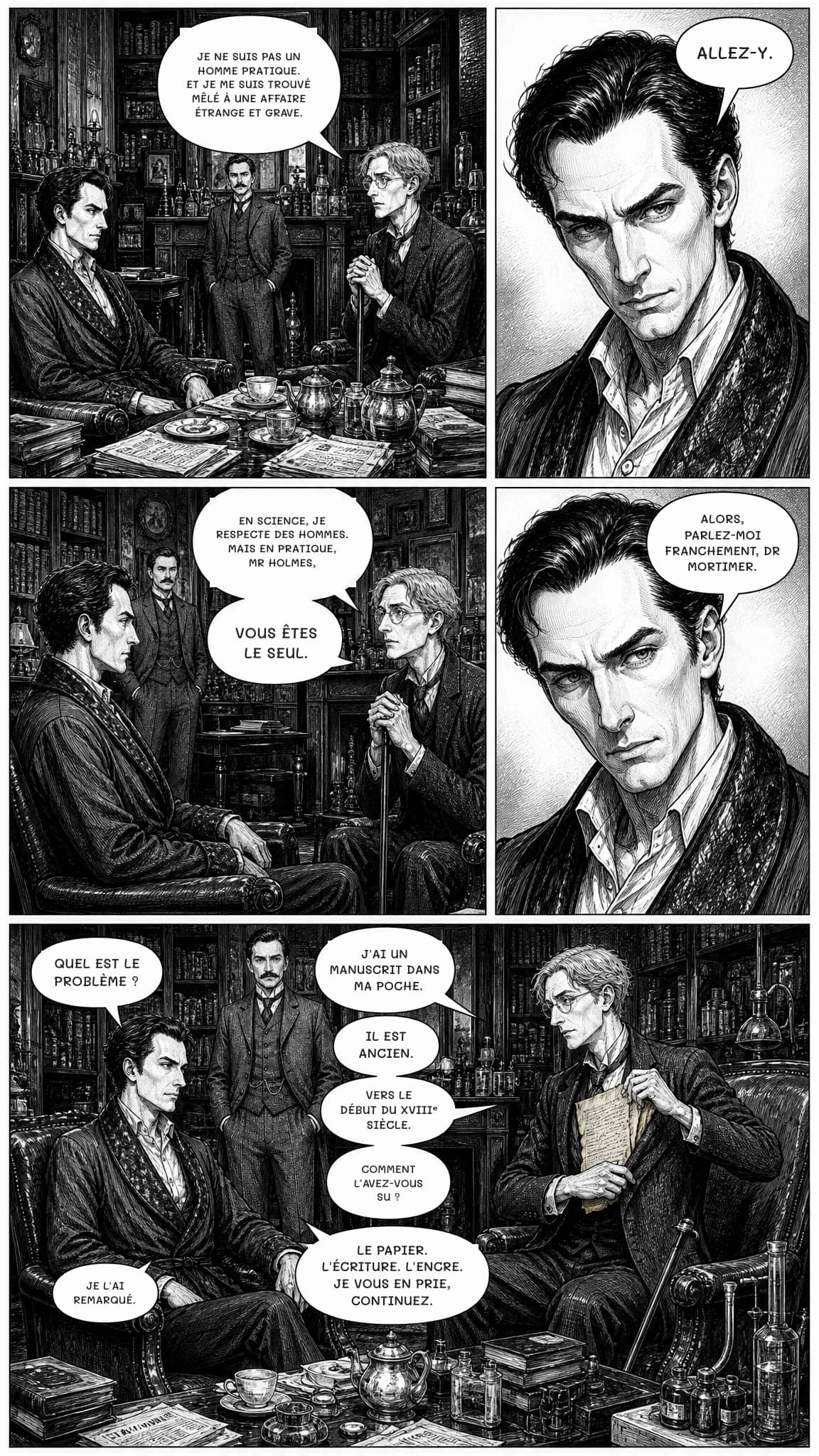 JE NE SUIS PAS UN HOMME PRATIQUE. ET JE ME SUIS TROUVÉ MÊLÉ À UNE AFFAIRE ÉTRANGE ET GRAVE.
ALLEZ-Y.
EN SCIENCE, JE RESPECTE DES HOMMES. MAIS EN PRATIQUE, MR HOLMES,
VOUS ÊTES LE SEUL.
ALORS, PARLEZ-MOI FRANCHEMENT, DR MORTIMER.
QUEL EST LE PROBLÈME ?
J'AI UN MANUSCRIT DANS MA POCHE.
IL EST ANCIEN.
VERS LE DÉBUT DU XVIIIᵉ SIÈCLE.
COMMENT L’AVEZ-VOUS SU ?
JE L'AI REMARQUÉ.
LE PAPIER. L'ÉCRITURE. L'ENCRE. JE VOUS EN PRIE, CONTINUEZ.