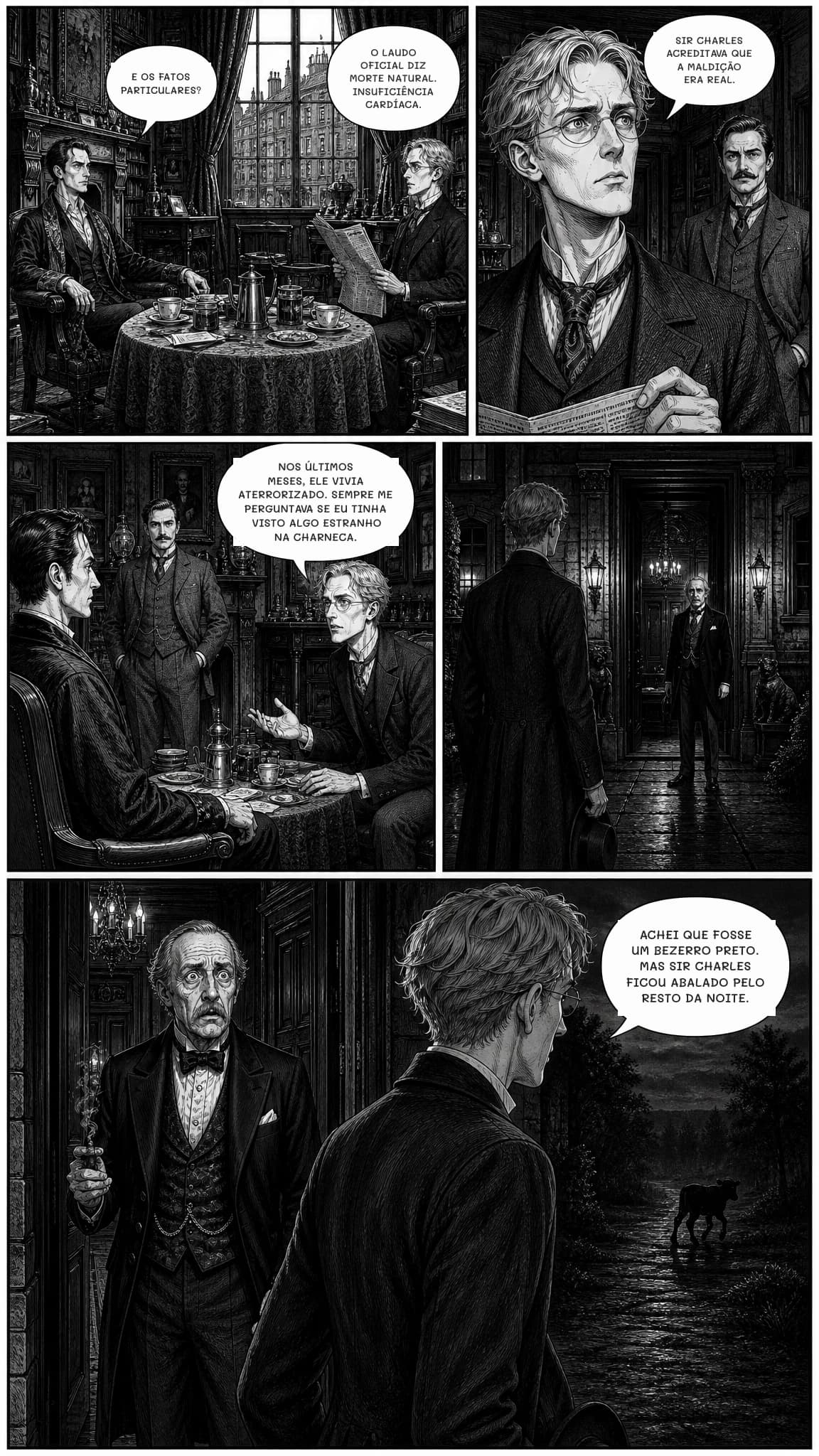 E OS FATOS PARTICULARES?
O LAUDO OFICIAL DIZ MORTE NATURAL. INSUFICIÊNCIA CARDÍACA.
SIR CHARLES ACREDITAVA QUE A MALDIÇÃO ERA REAL.
NOS ÚLTIMOS MESES, ELE VIVIA ATERRORIZADO. SEMPRE ME PERGUNTAVA SE EU TINHA VISTO ALGO ESTRANHO NA CHARNECA.
ACHEI QUE FOSSE UM BEZERRO PRETO. MAS SIR CHARLES FICOU ABALADO PELO RESTO DA NOITE.