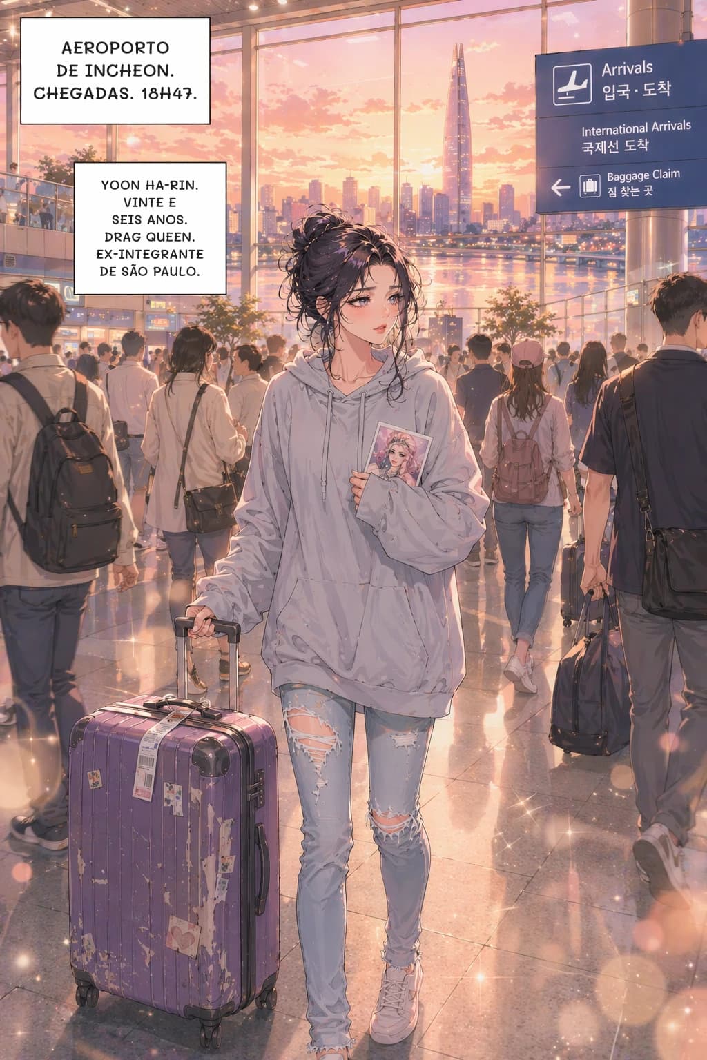AEROPORTO DE INCHEON. CHEGADAS. 18H47.
YOON HA-RIN. VINTE E SEIS ANOS. DRAG QUEEN. EX-INTEGRANTE DE SÃO PAULO.