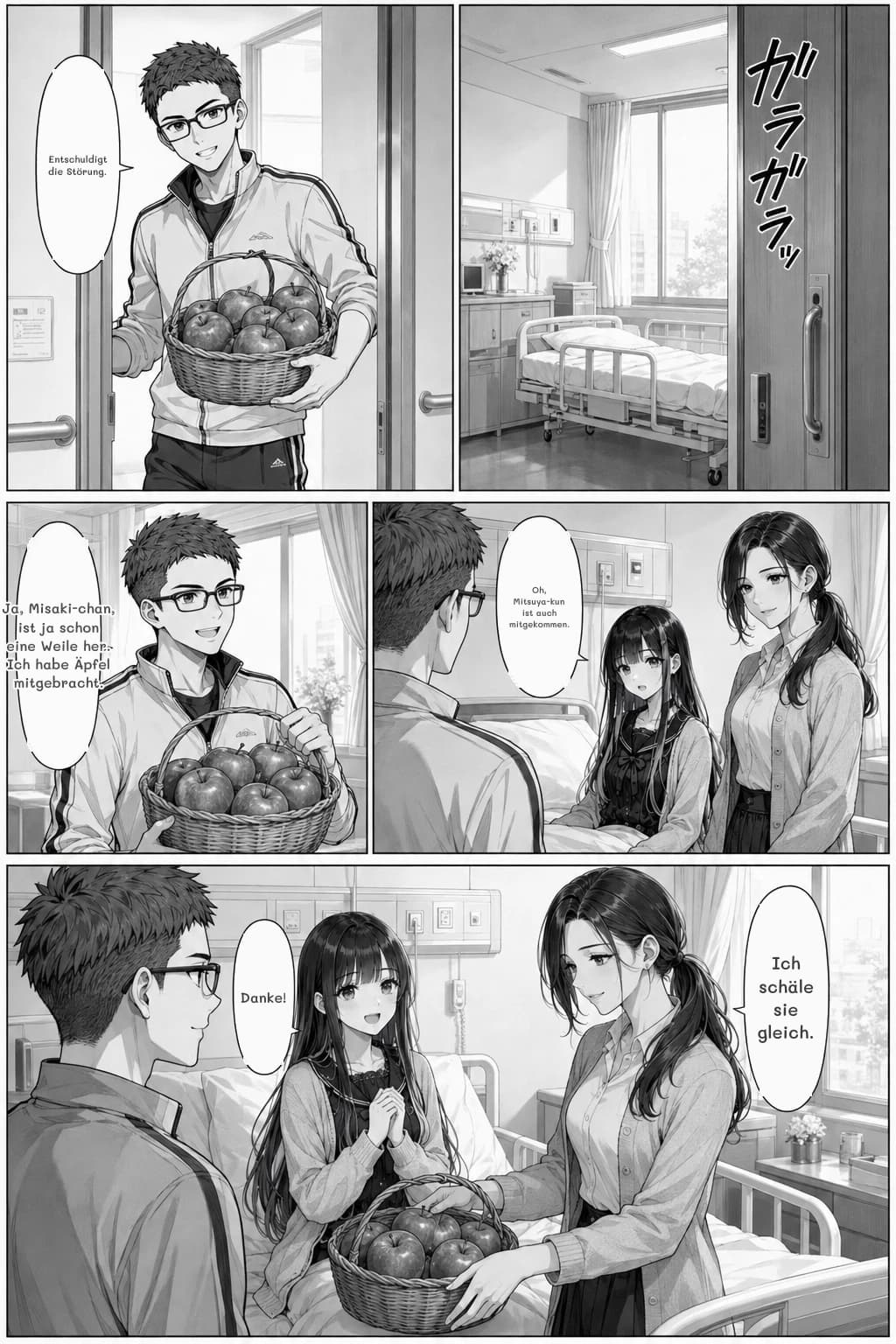 Entschuldigt die Störung.
Oh, Mitsuya-kun ist auch mitgekommen.
Ja, Misaki-chan, ist ja schon eine Weile her. Ich habe Äpfel mitgebracht.
Ich schäle sie gleich.
Danke!