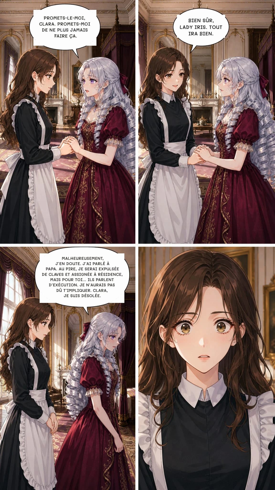 PROMETS-LE-MOI, CLARA. PROMETS-MOI DE NE PLUS JAMAIS FAIRE ÇA.
BIEN SÛR, LADY IRIS. TOUT IRA BIEN.
MALHEUREUSEMENT, J’EN DOUTE. J’AI PARLÉ À PAPA. AU PIRE, JE SERAI EXPULSÉE DE CLAVES ET ASSIGNÉE À RÉSIDENCE, MAIS POUR TOI... ILS PARLENT D’EXÉCUTION. JE N’AURAIS PAS DÛ T’IMPLIQUER. CLARA, JE SUIS DÉSOLÉE.