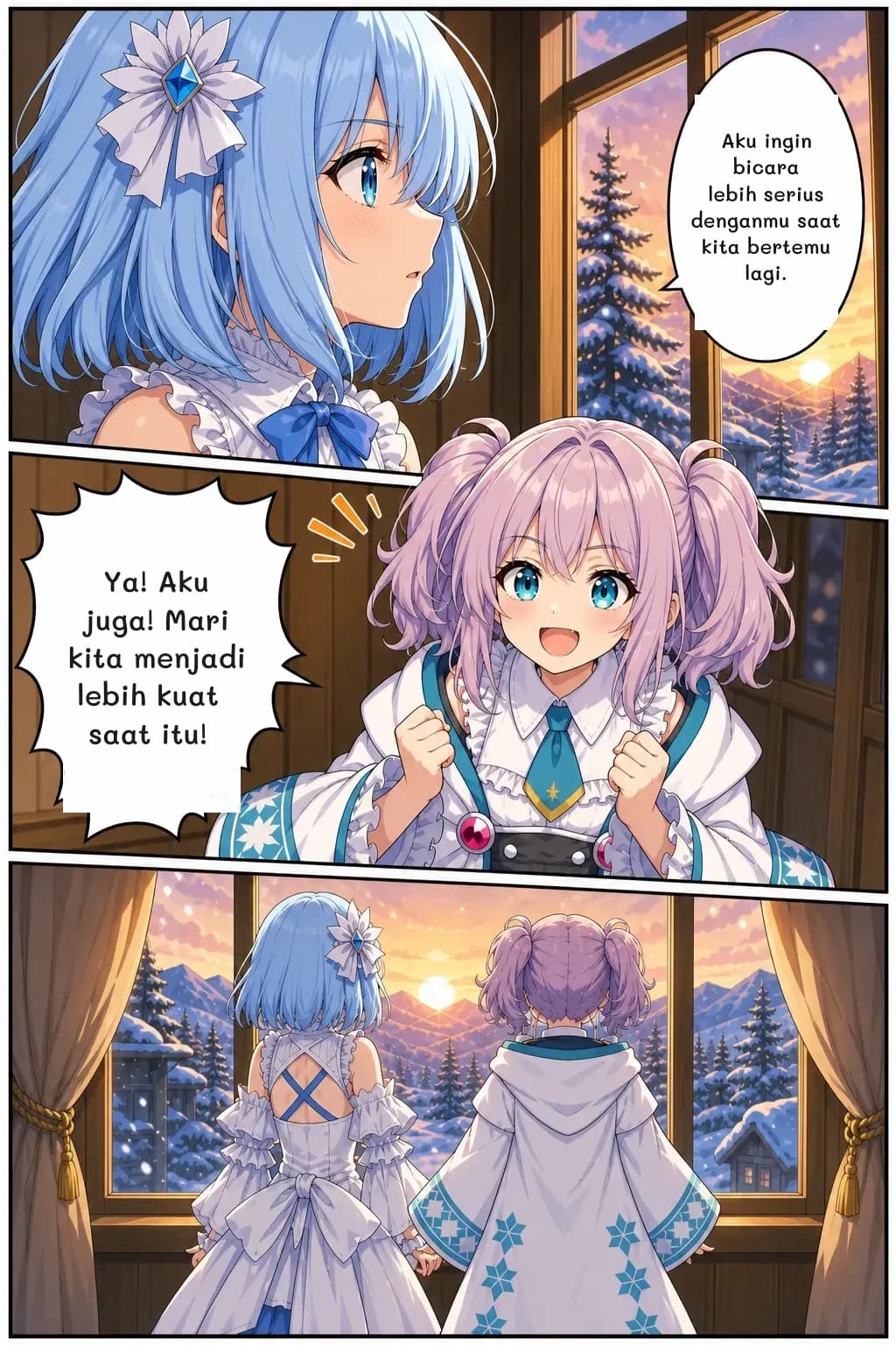 Aku ingin bicara lebih serius denganmu saat kita bertemu lagi.
Ya! Aku juga! Mari kita menjadi lebih kuat saat itu!