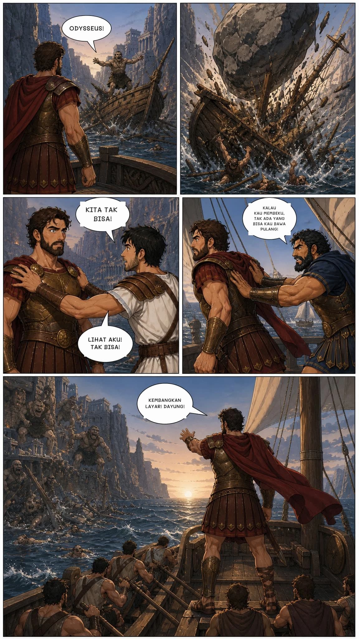 ODYSSEUS!
KITA TAK BISA!
LIHAT AKU! TAK BISA!
KALAU KAU MEMBEKU, TAK ADA YANG BISA KAU BAWA PULANG!
KEMBANGKAN LAYAR! DAYUNG!