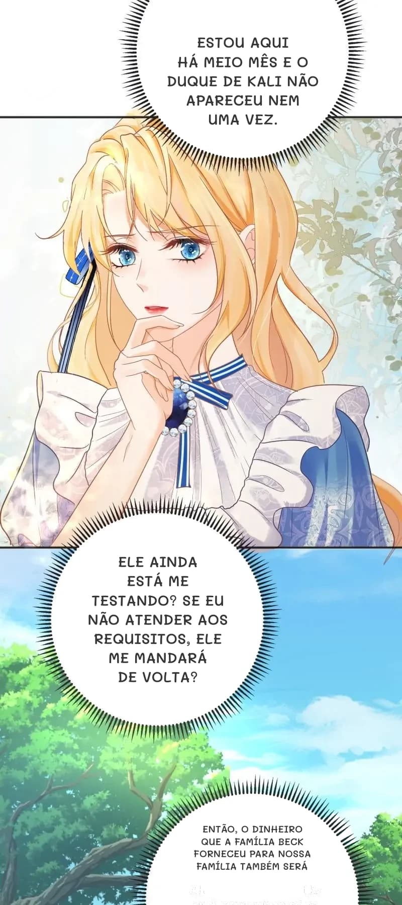 Estou aqui há meio mês e o Duque de Kali não apareceu nem uma vez.
Ele ainda está me testando? Se eu não atender aos requisitos, ele me mandará de volta?
Então, o dinheiro que a família Beck forneceu para nossa família também será