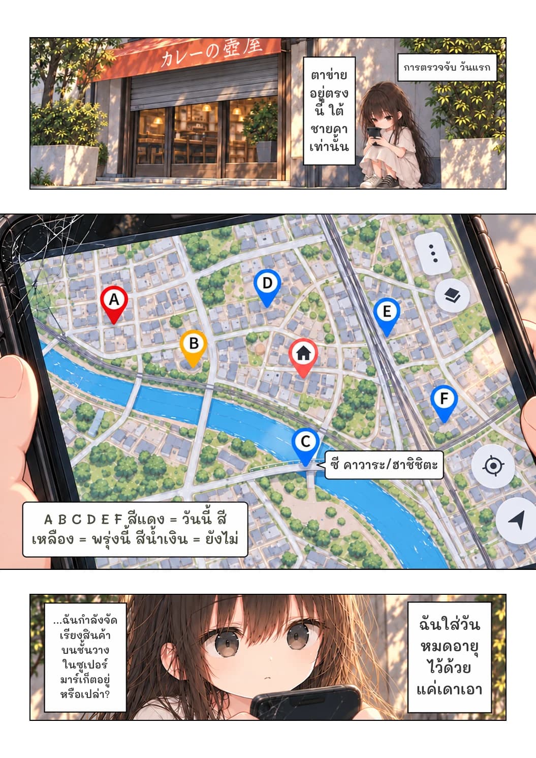 การตรวจจับ วันแรก
ตาข่ายอยู่ตรงนี้ ใต้ชายคาเท่านั้น
ซี คาวาระ/ฮาชิชิตะ
A B C D E F สีแดง = วันนี้ สีเหลือง = พรุ่งนี้ สีน้ำเงิน = ยังไม่
ฉันใส่วันหมดอายุไว้ด้วย แค่เดาเอา
...ฉันกำลังจัดเรียงสินค้าบนชั้นวางในซูเปอร์มาร์เก็ตอยู่หรือเปล่า?