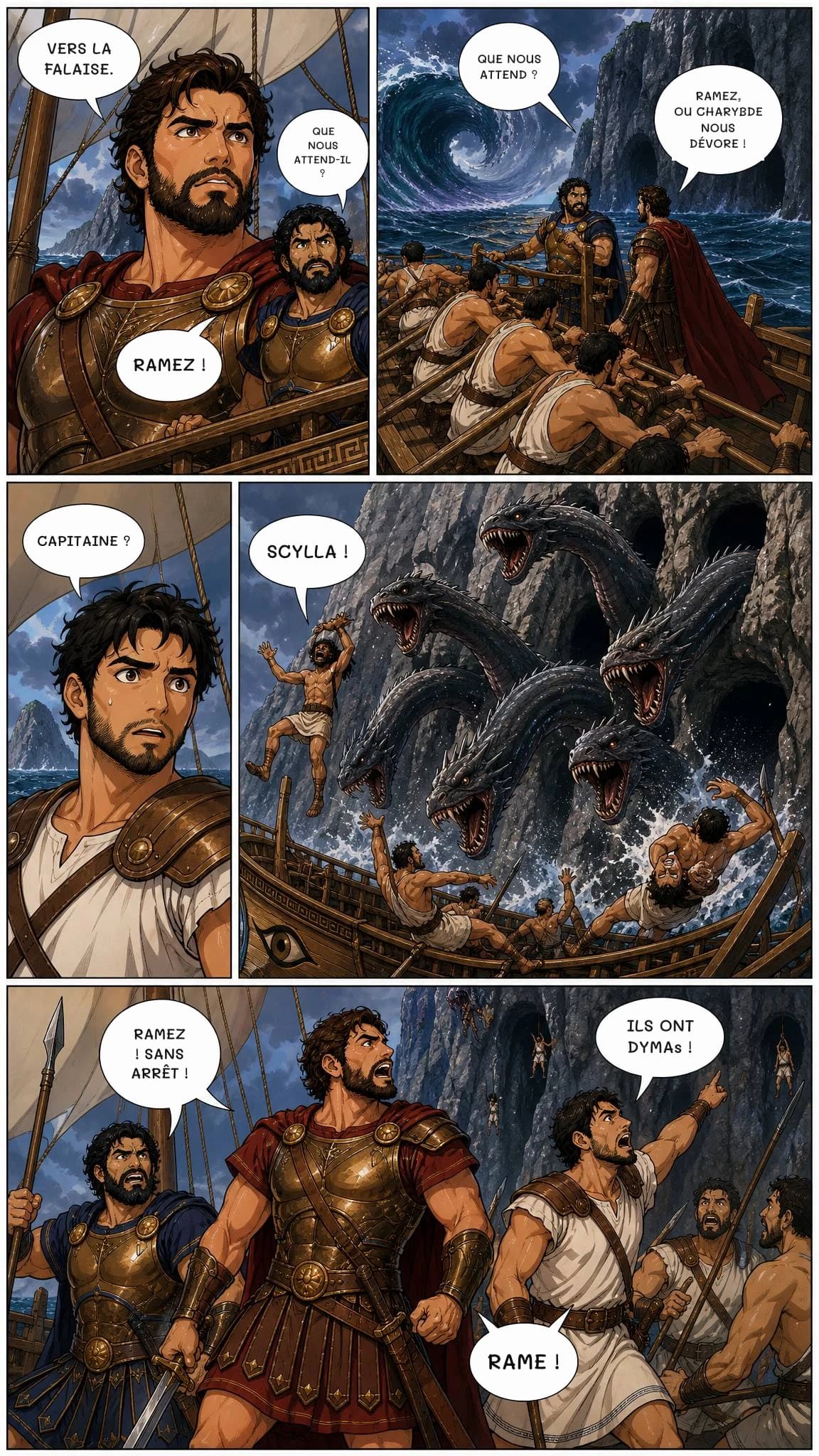 VERS LA FALAISE.
QUE NOUS ATTEND-IL ?
RAMEZ !
QUE NOUS ATTEND ?
RAMEZ, OU CHARYBDE NOUS DÉVORE !
CAPITAINE ?
SCYLLA !
ILS ONT DYMAs !
RAMEZ ! SANS ARRÊT !
RAME !