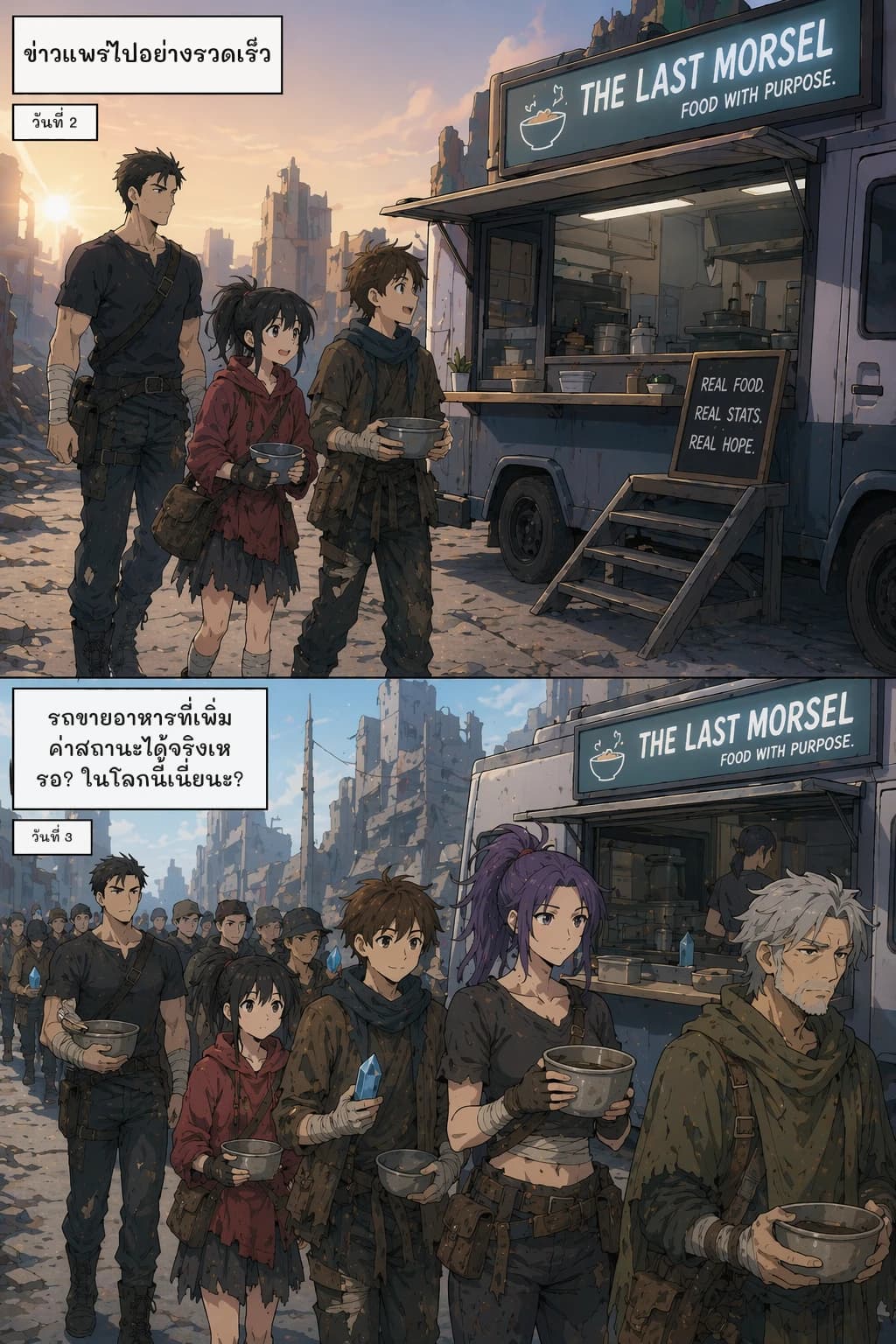 ข่าวแพร่ไปอย่างรวดเร็ว
วันที่ 2
รถขายอาหารที่เพิ่มค่าสถานะได้จริงเหรอ? ในโลกนี้เนี่ยนะ?
วันที่ 3