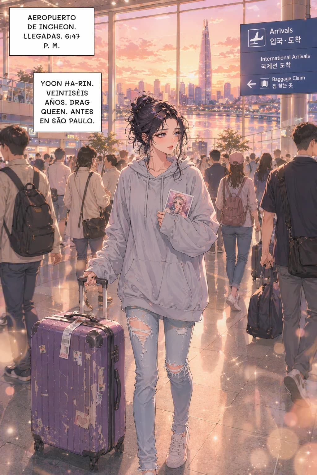 AEROPUERTO DE INCHEON. LLEGADAS. 6:47 P. M.
YOON HA-RIN. VEINTISÉIS AÑOS. DRAG QUEEN. ANTES EN SÃO PAULO.