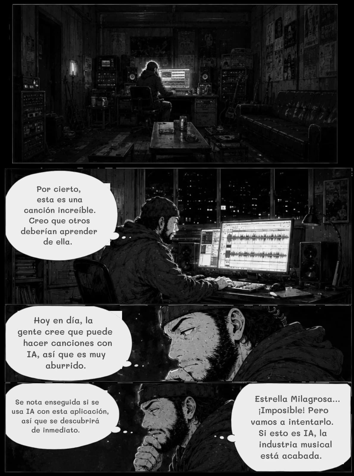 Por cierto, esta es una canción increíble. Creo que otros deberían aprender de ella.
Hoy en día, la gente cree que puede hacer canciones con IA, así que es muy aburrido.
Se nota enseguida si se usa IA con esta aplicación, así que se descubrirá de inmediato.
Estrella Milagrosa... ¡Imposible! Pero vamos a intentarlo. Si esto es IA, la industria musical está acabada.
