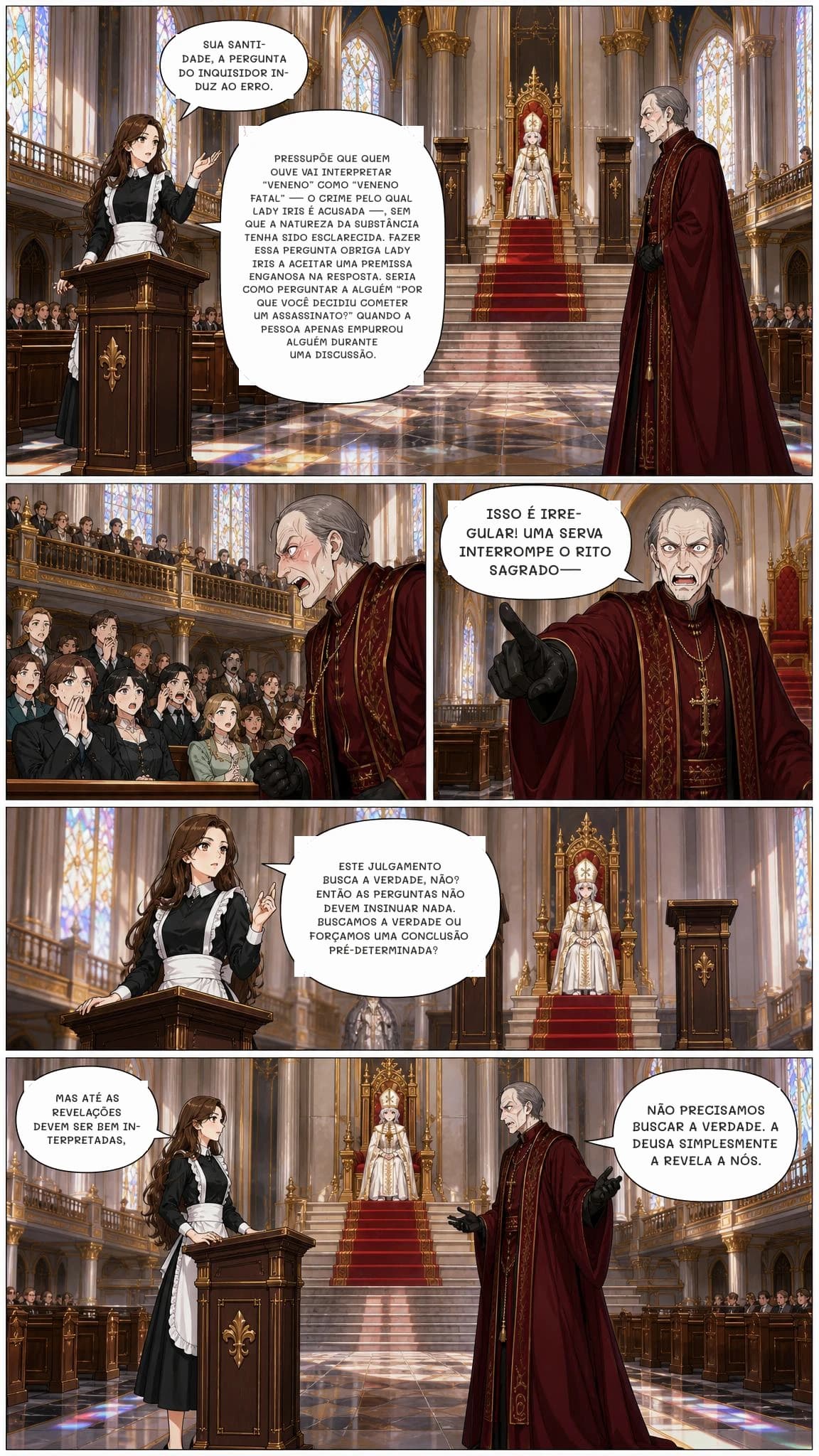 SUA SANTIDADE, A PERGUNTA DO INQUISIDOR INDUZ AO ERRO.
PRESSUPÕE QUE QUEM OUVE VAI INTERPRETAR “VENENO” COMO “VENENO FATAL” — O CRIME PELO QUAL LADY IRIS É ACUSADA —, SEM QUE A NATUREZA DA SUBSTÂNCIA TENHA SIDO ESCLARECIDA. FAZER ESSA PERGUNTA OBRIGA LADY IRIS A ACEITAR UMA PREMISSA ENGANOSA NA RESPOSTA. SERIA COMO PERGUNTAR A ALGUÉM “POR QUE VOCÊ DECIDIU COMETER UM ASSASSINATO?” QUANDO A PESSOA APENAS EMPURROU ALGUÉM DURANTE UMA DISCUSSÃO.
ISSO É IRREGULAR! UMA SERVA INTERROMPE O RITO SAGRADO—
ESTE JULGAMENTO BUSCA A VERDADE, NÃO? ENTÃO AS PERGUNTAS NÃO DEVEM INSINUAR NADA. BUSCAMOS A VERDADE OU FORÇAMOS UMA CONCLUSÃO PRÉ-DETERMINADA?
MAS ATÉ AS REVELAÇÕES DEVEM SER BEM INTERPRETADAS,
NÃO PRECISAMOS BUSCAR A VERDADE. A DEUSA SIMPLESMENTE A REVELA A NÓS.