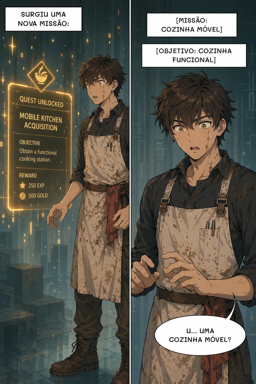 SURGIU UMA NOVA MISSÃO:
[MISSÃO: COZINHA MÓVEL]
[OBJETIVO: COZINHA FUNCIONAL]
U... UMA COZINHA MÓVEL?