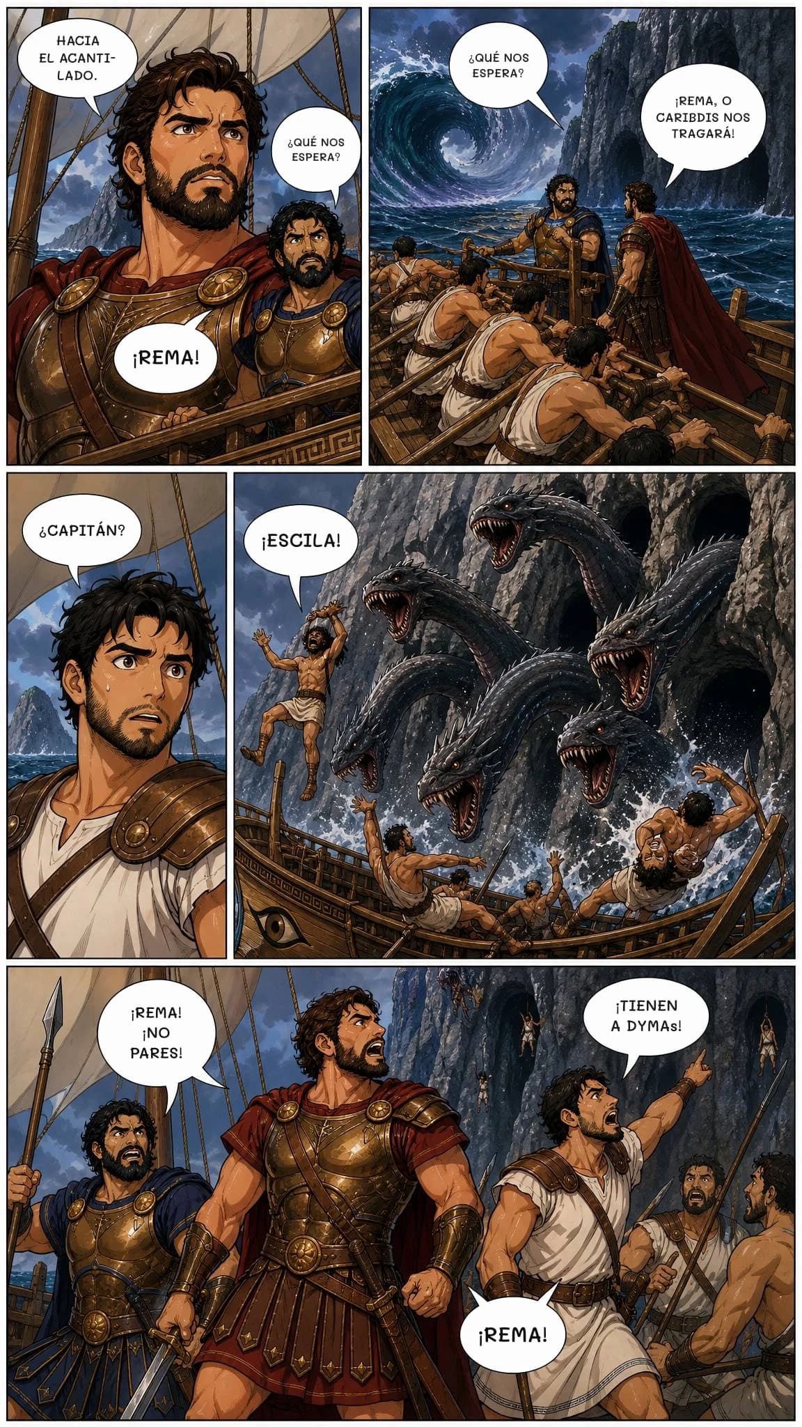 HACIA EL ACANTILADO.
¿QUÉ NOS ESPERA?
¡REMA!
¿QUÉ NOS ESPERA?
¡REMA, O CARIBDIS NOS TRAGARÁ!
¿CAPITÁN?
¡ESCILA!
¡TIENEN A DYMAs!
¡REMA! ¡NO PARES!
¡REMA!