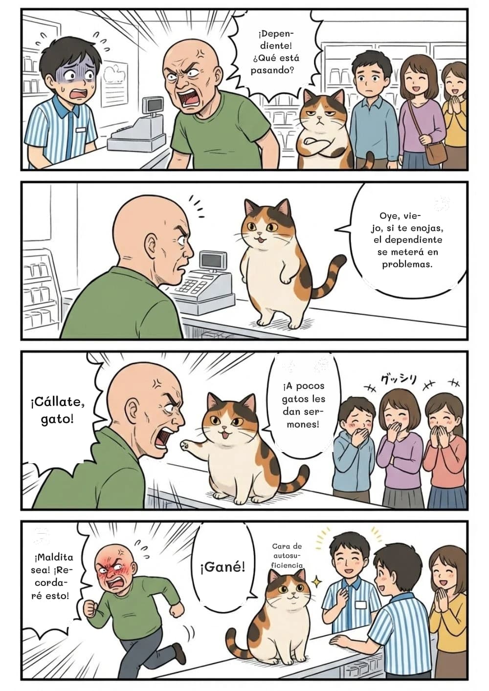 ¡Dependiente! ¿Qué está pasando?
Oye, viejo, si te enojas, el dependiente se meterá en problemas.
¡Cállate, gato!
¡A pocos gatos les dan sermones!
¡Maldita sea! ¡Recordaré esto!
¡Gané!
Cara de autosuficiencia