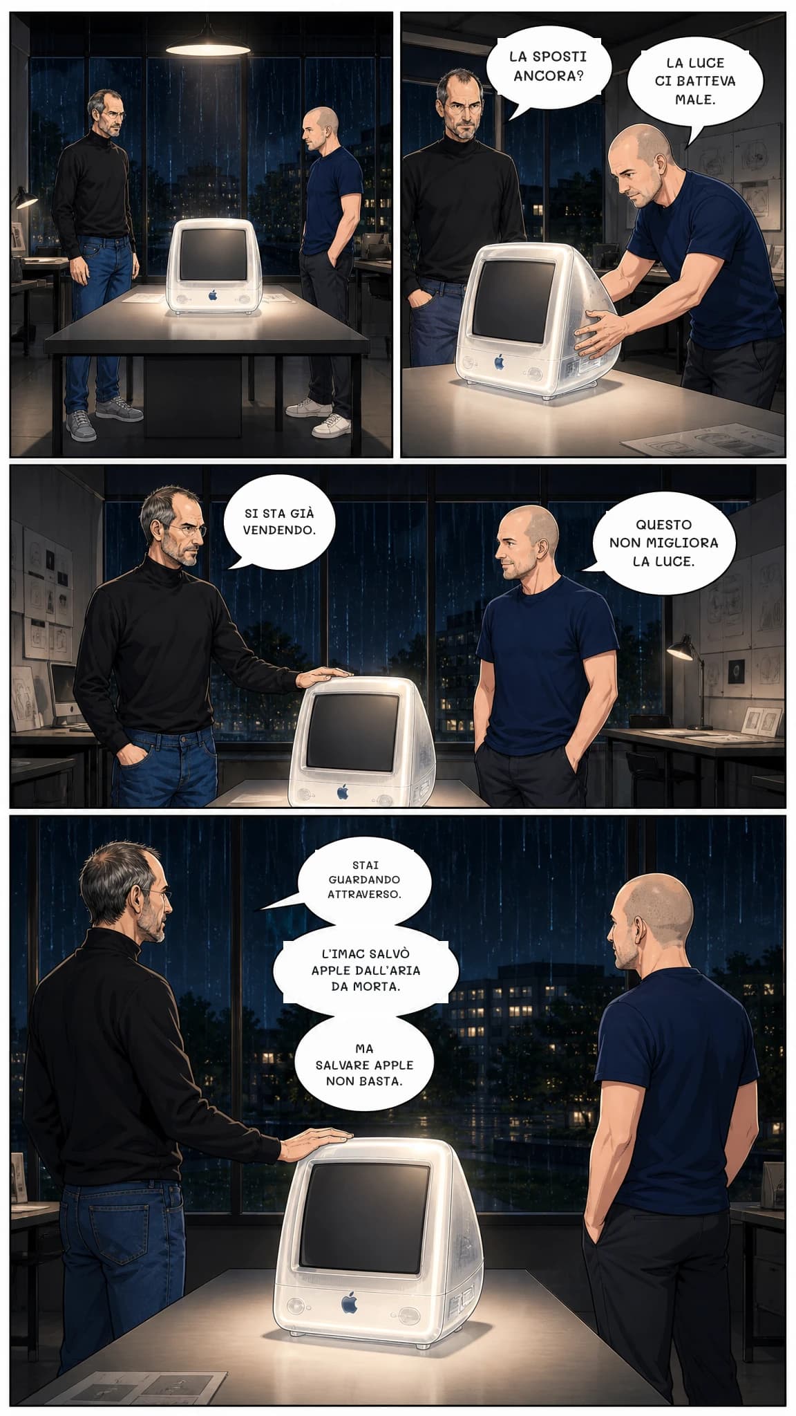 La sposti ancora?
LA LUCE CI BATTEVA MALE.
SI STA GIÀ VENDENDO.
QUESTO NON MIGLIORA LA LUCE.
STAI GUARDANDO ATTRAVERSO.
L’IMAC SALVÒ APPLE DALL’ARIA DA MORTA.
MA SALVARE APPLE NON BASTA.