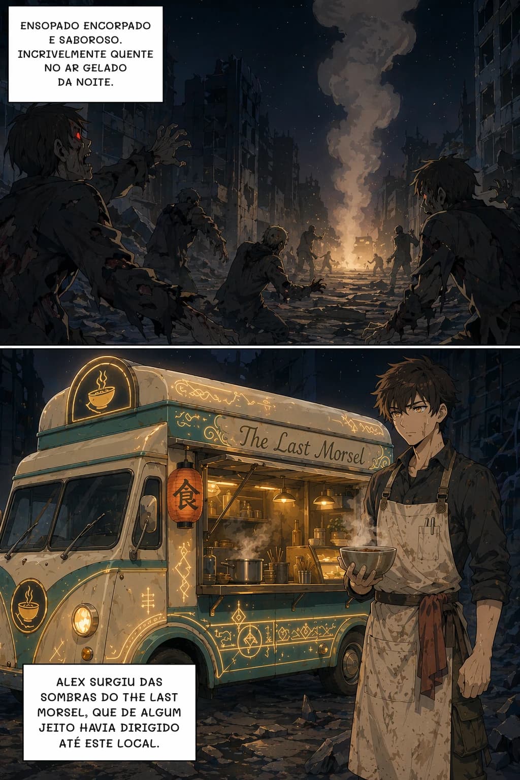 ENSOPADO ENCORPADO E SABOROSO. INCRIVELMENTE QUENTE NO AR GELADO DA NOITE.
ALEX SURGIU DAS SOMBRAS DO THE LAST MORSEL, QUE DE ALGUM JEITO HAVIA DIRIGIDO ATÉ ESTE LOCAL.