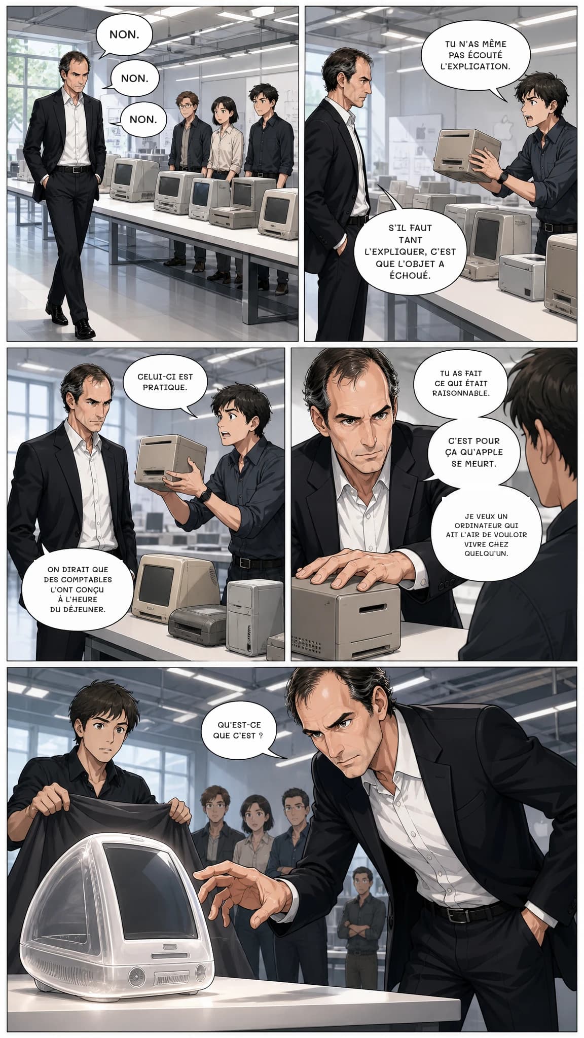 NON.
NON.
NON.
TU N’AS MÊME PAS ÉCOUTÉ L’EXPLICATION.
S’IL FAUT TANT L’EXPLIQUER, C’EST QUE L’OBJET A ÉCHOUÉ.
CELUI-CI EST PRATIQUE.
ON DIRAIT QUE DES COMPTABLES L’ONT CONÇU À L’HEURE DU DÉJEUNER.
TU AS FAIT CE QUI ÉTAIT RAISONNABLE.
C’EST POUR ÇA QU’APPLE SE MEURT.
JE VEUX UN ORDINATEUR QUI AIT L’AIR DE VOULOIR VIVRE CHEZ QUELQU’UN.
QU’EST-CE QUE C’EST ?