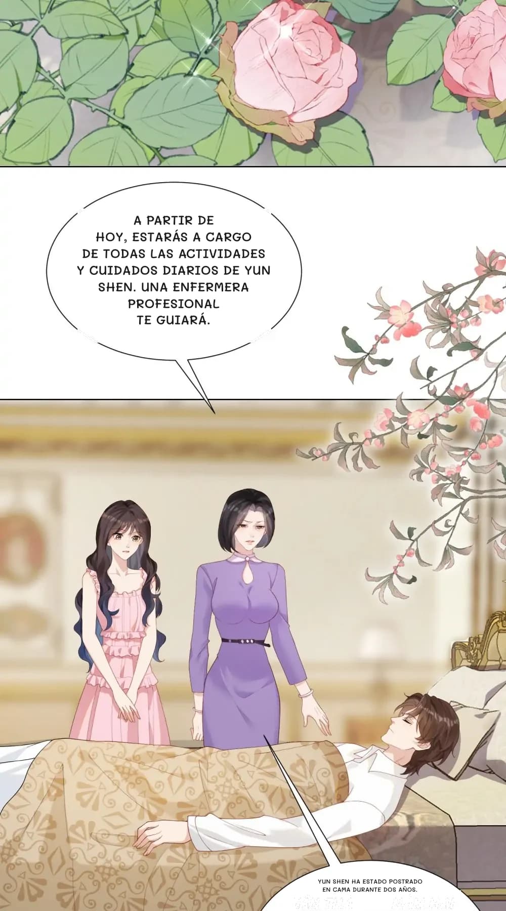 A partir de hoy, estarás a cargo de todas las actividades y cuidados diarios de Yun Shen. Una enfermera profesional te guiará.
Yun Shen ha estado postrado en cama durante dos años.